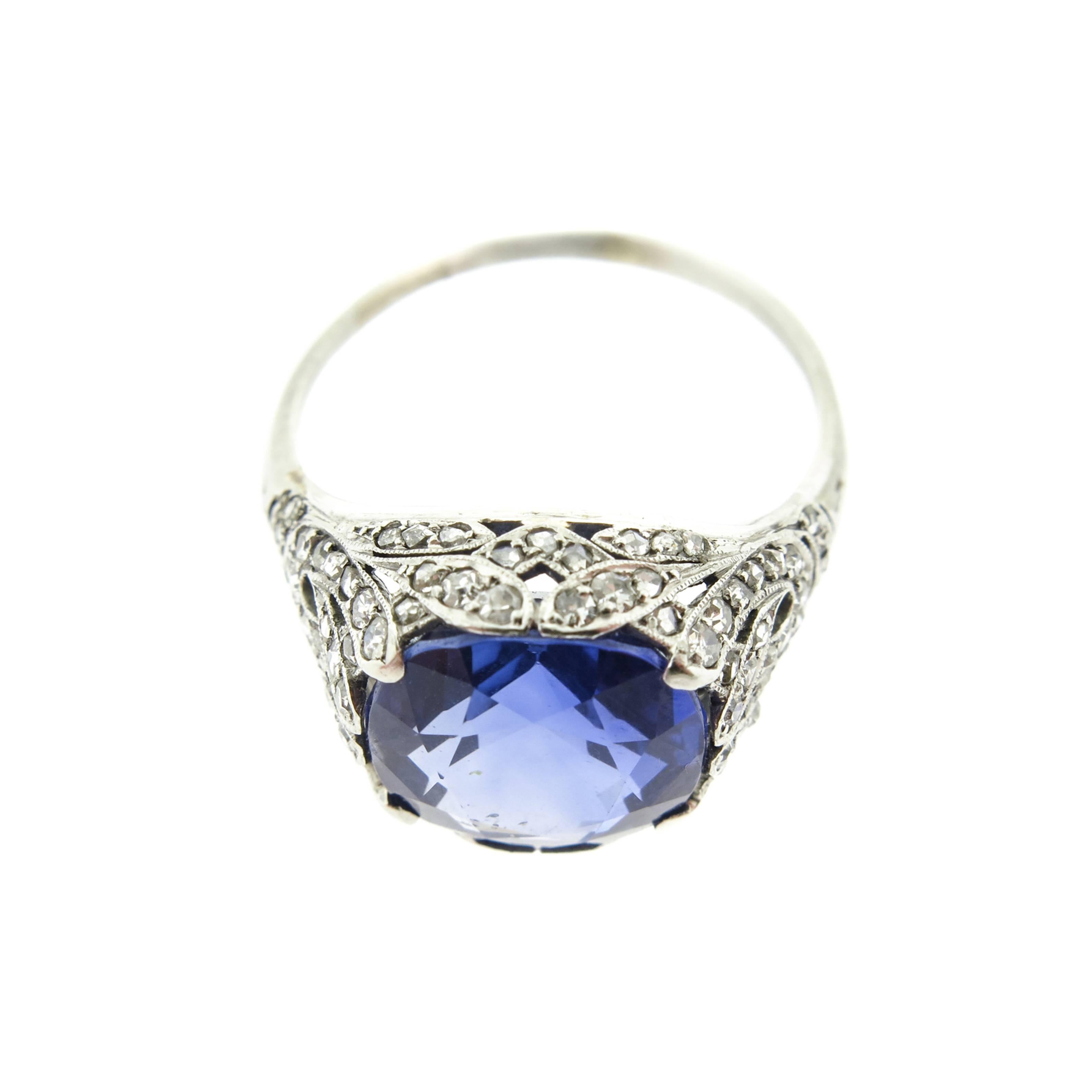 1920s Sapphire Diamond  filigree Platinum Ring 1