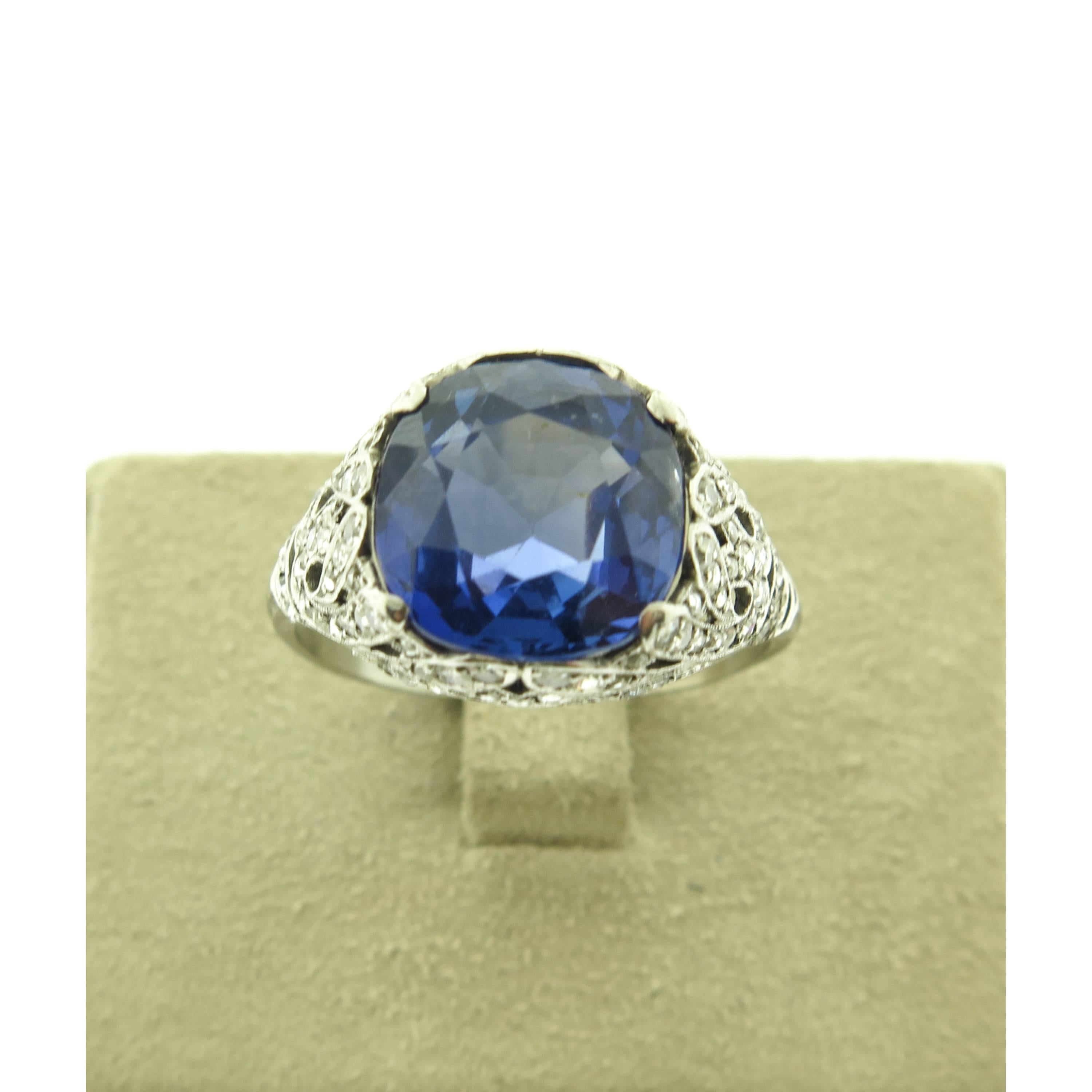 1920s Sapphire Diamond  filigree Platinum Ring 3