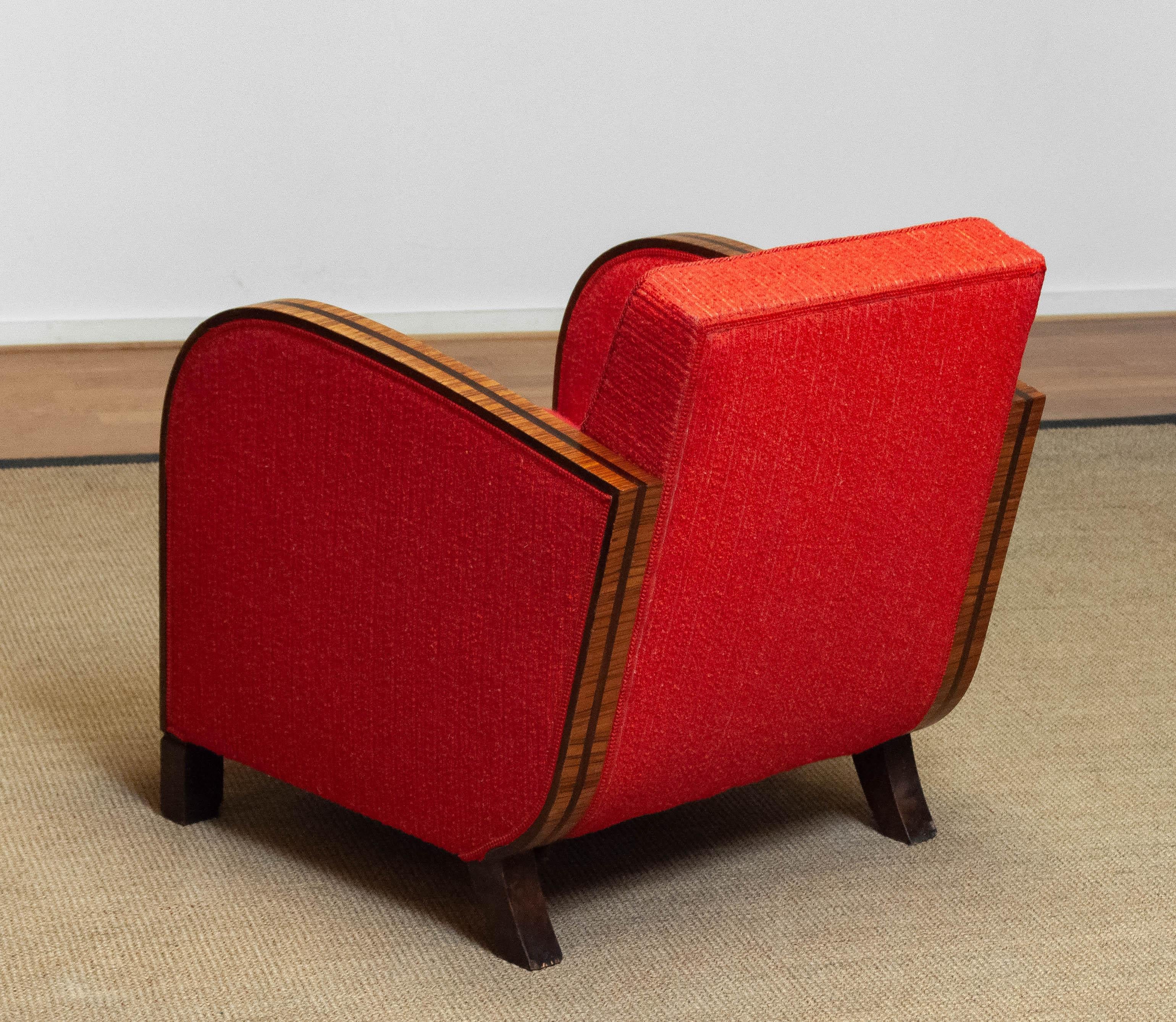 Early 20th Century 1920's Scandinavian Art Deco Club Lounge Chair Veneered Armrests Bouclé Fabric