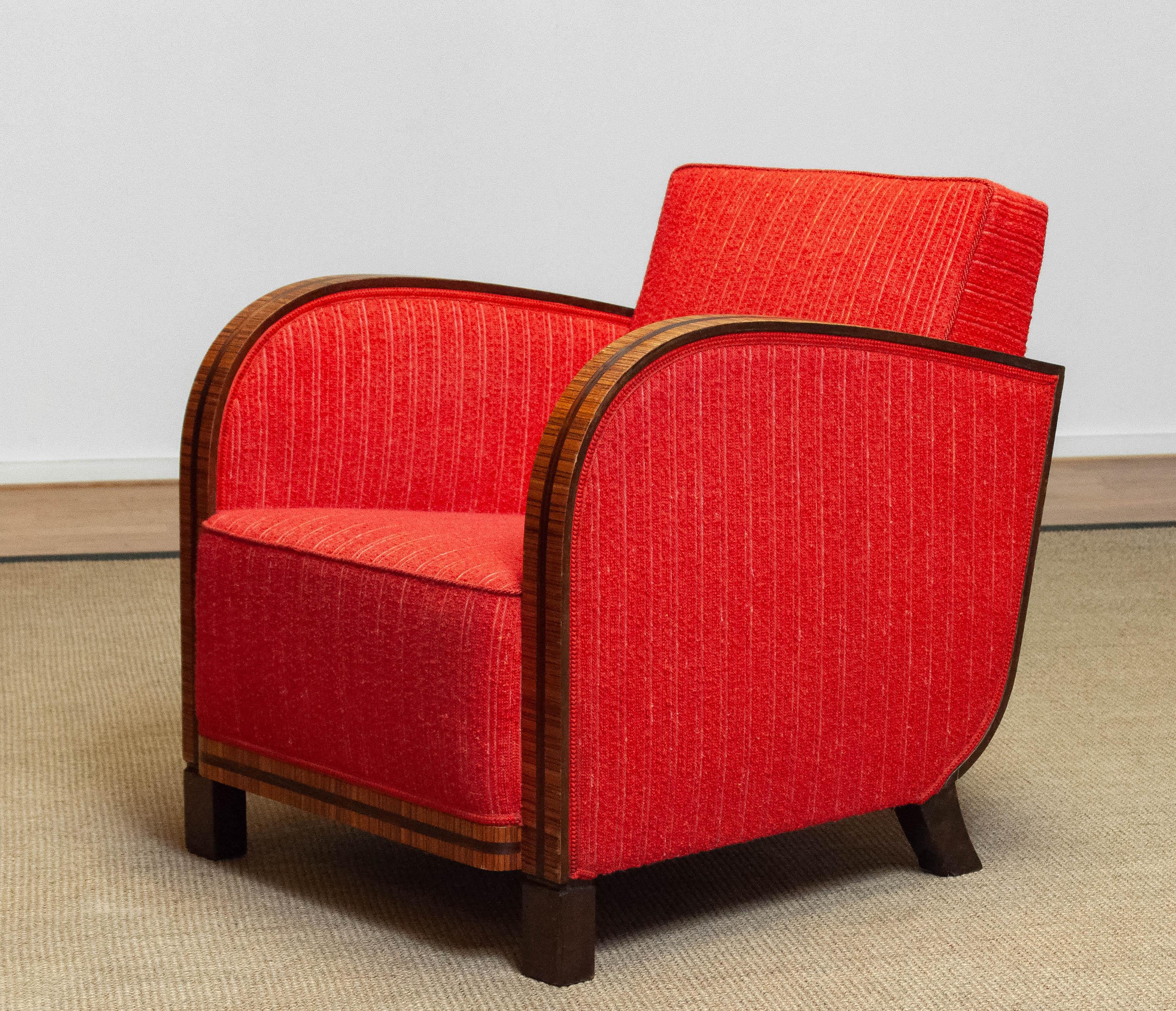 Wool 1920's Scandinavian Art Deco Club Lounge Chair Veneered Armrests Bouclé Fabric