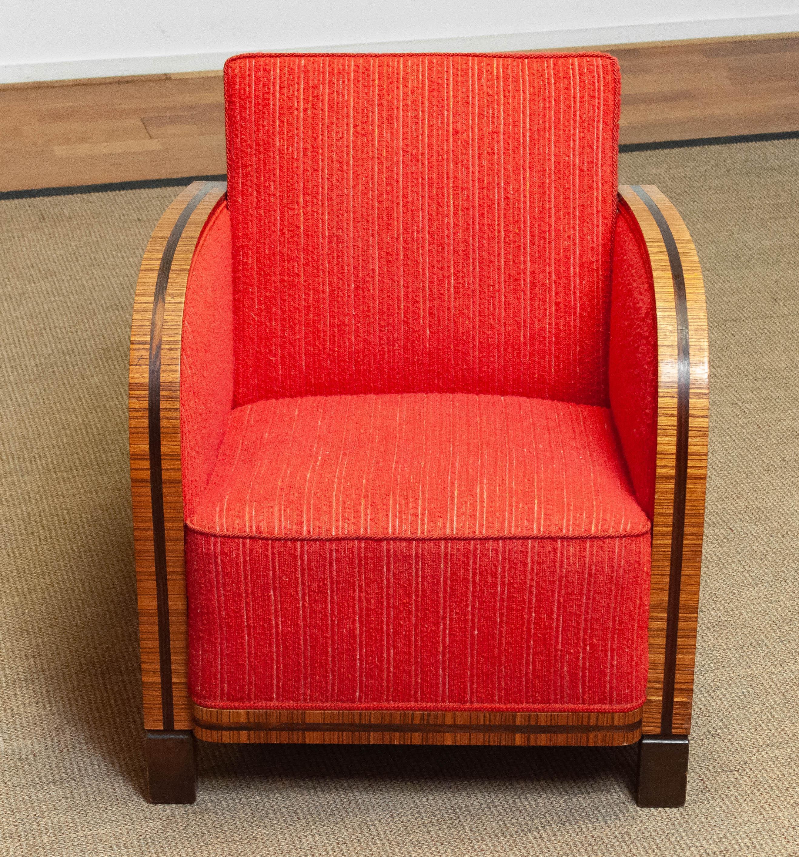 1920's Scandinavian Art Deco Club Lounge Chair Veneered Armrests Bouclé Fabric 2