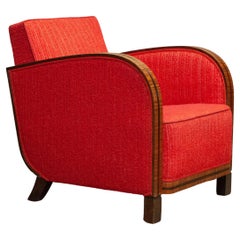 Antique 1920's Scandinavian Art Deco Club Lounge Chair Veneered Armrests Bouclé Fabric