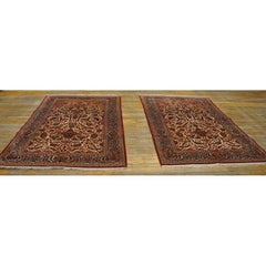 1920s Scatter Pair Of Beige Field Floral Antique Kashan Knotted Wool Carpet Rug