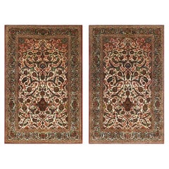 1920s Scatter Pair Of Beige Field Floral Antique Kashan Knotted Wool Carpet Rug