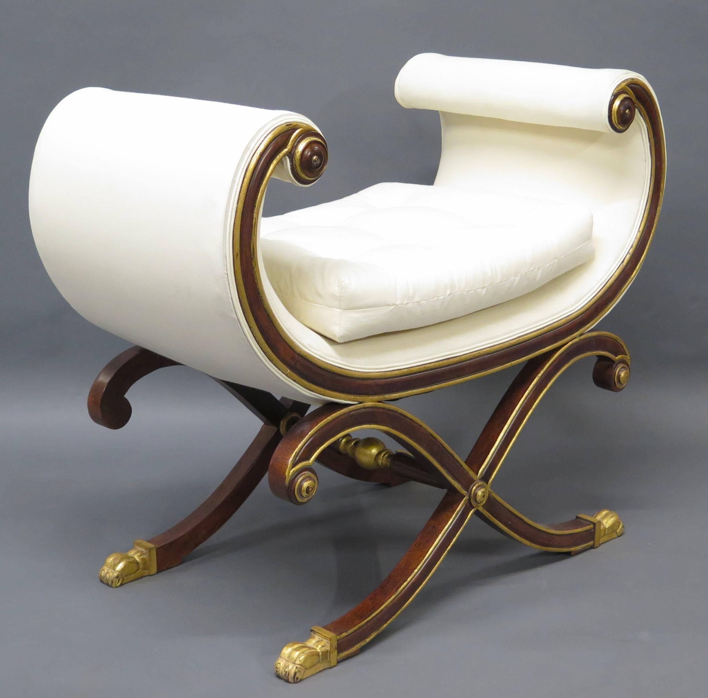 1920s scroll side bench / stool, window seat,  tall rolled sides, French Empire Style, with gilt wood trim. tufted cushion. French, 20th century