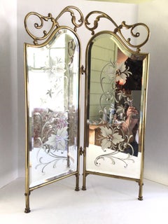 1920s Scrolled Brass Fire Screen With Etched Beveled Mirror