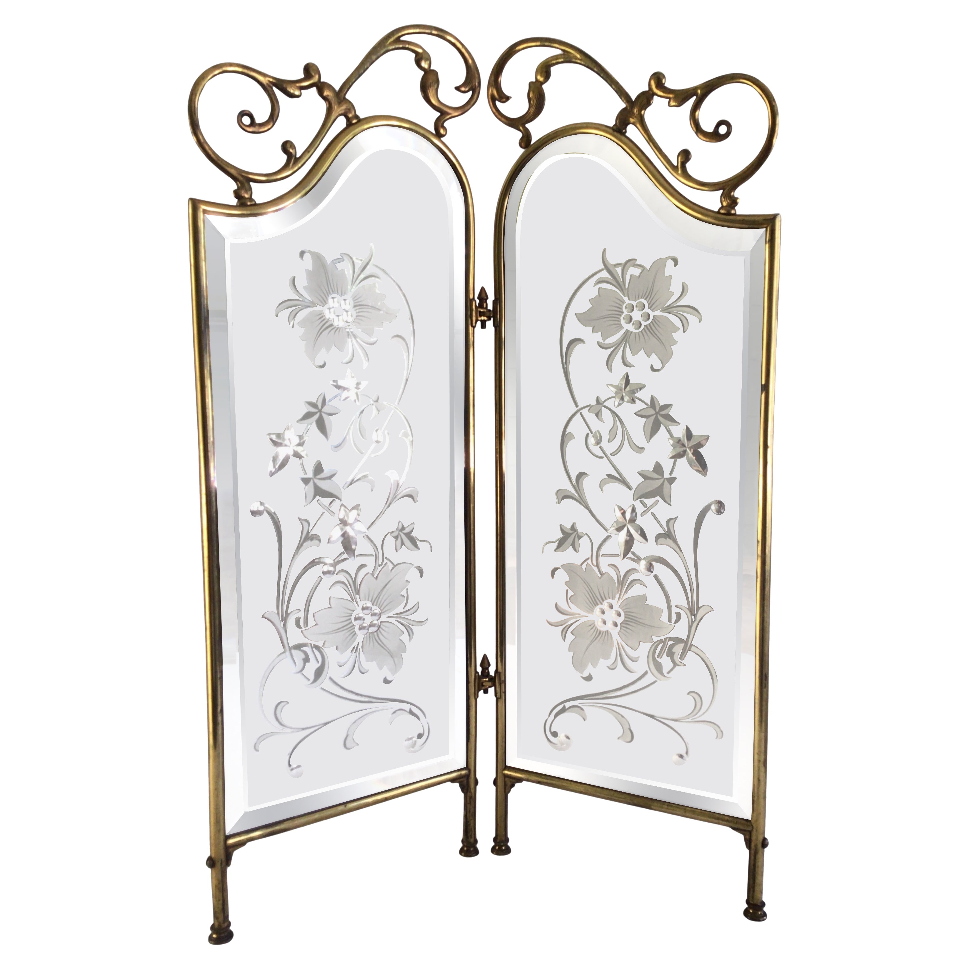 1920s Scrolled Brass Fire Screen With Etched Beveled Mirror