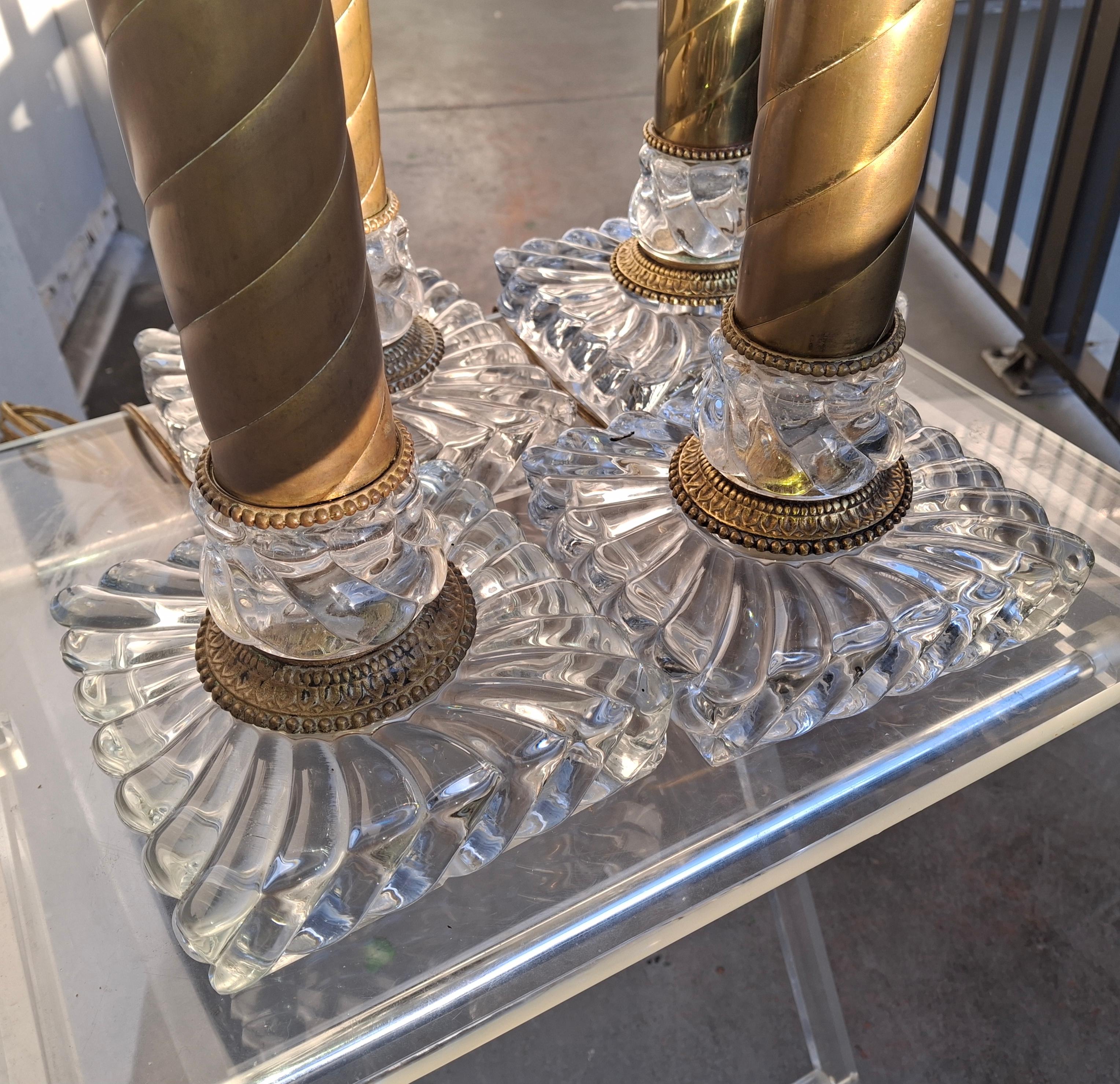 1920s Set of 4 French Regency Baccarat Columnar Crystal Brass Swirl Table Lamps in vendita 5