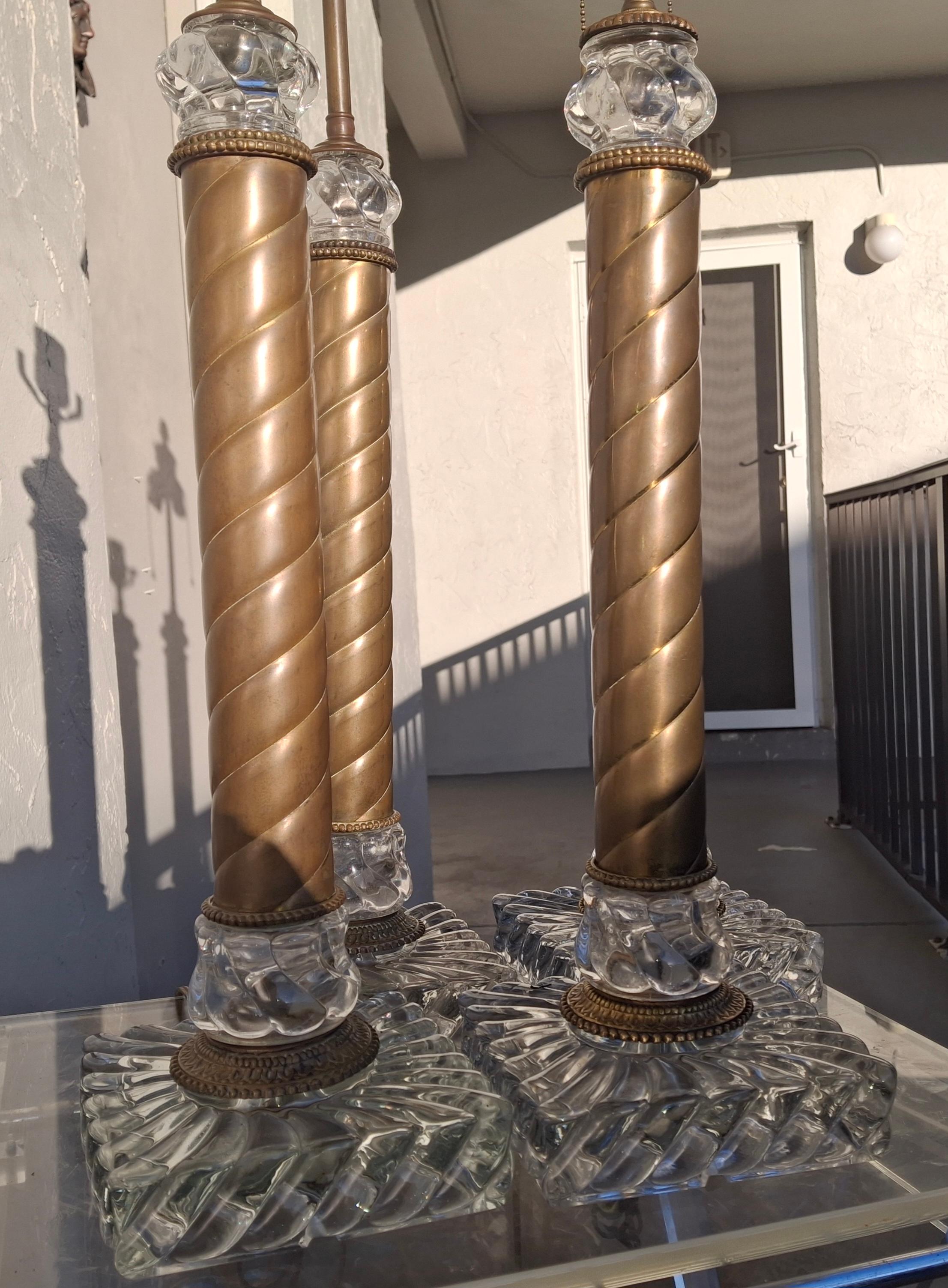 1920s Set of 4 French Regency Baccarat Columnar Crystal Brass Swirl Table Lamps in vendita 7