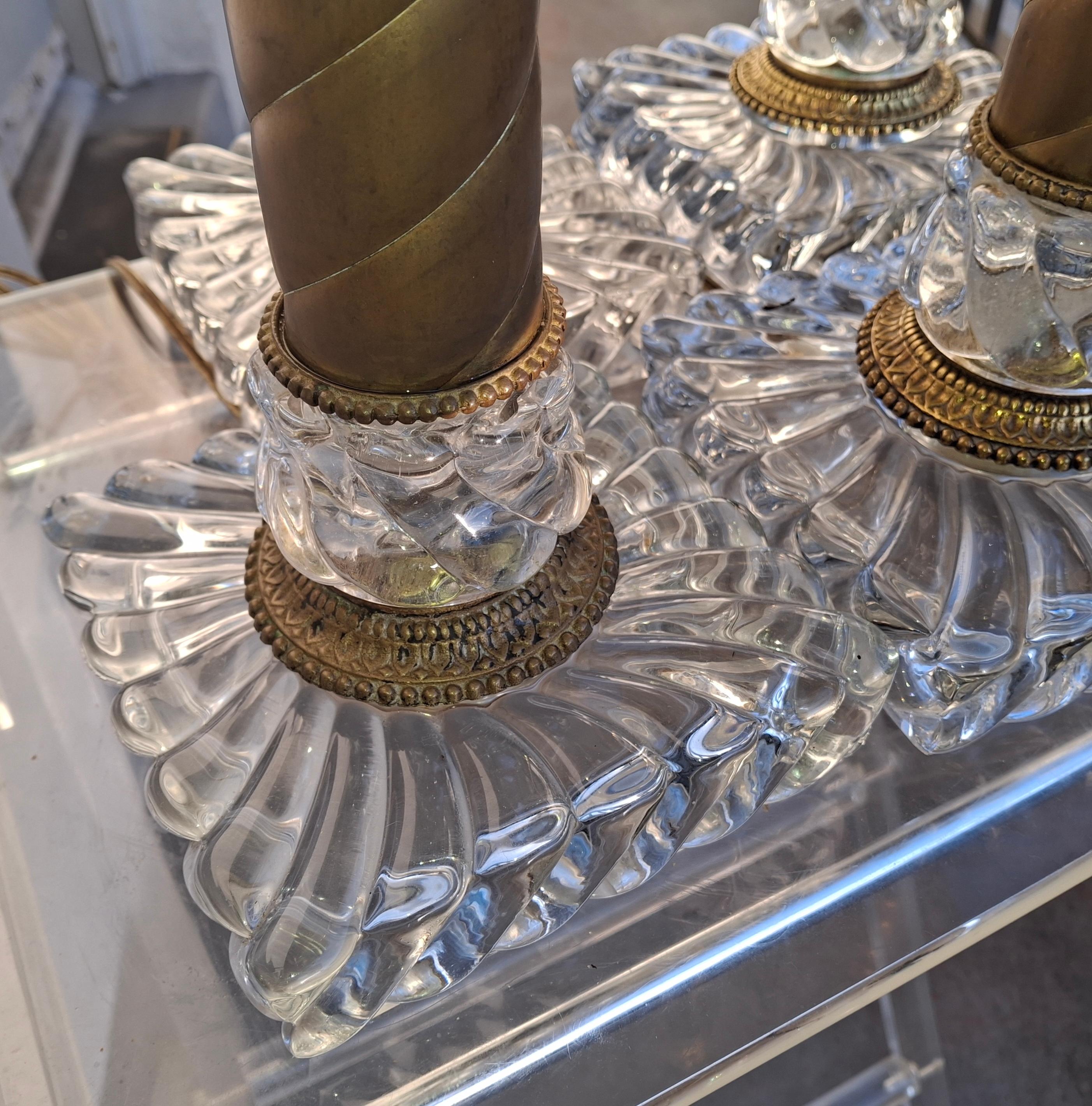 1920s Set of 4 French Regency Baccarat Columnar Crystal Brass Swirl Table Lamps in vendita 8