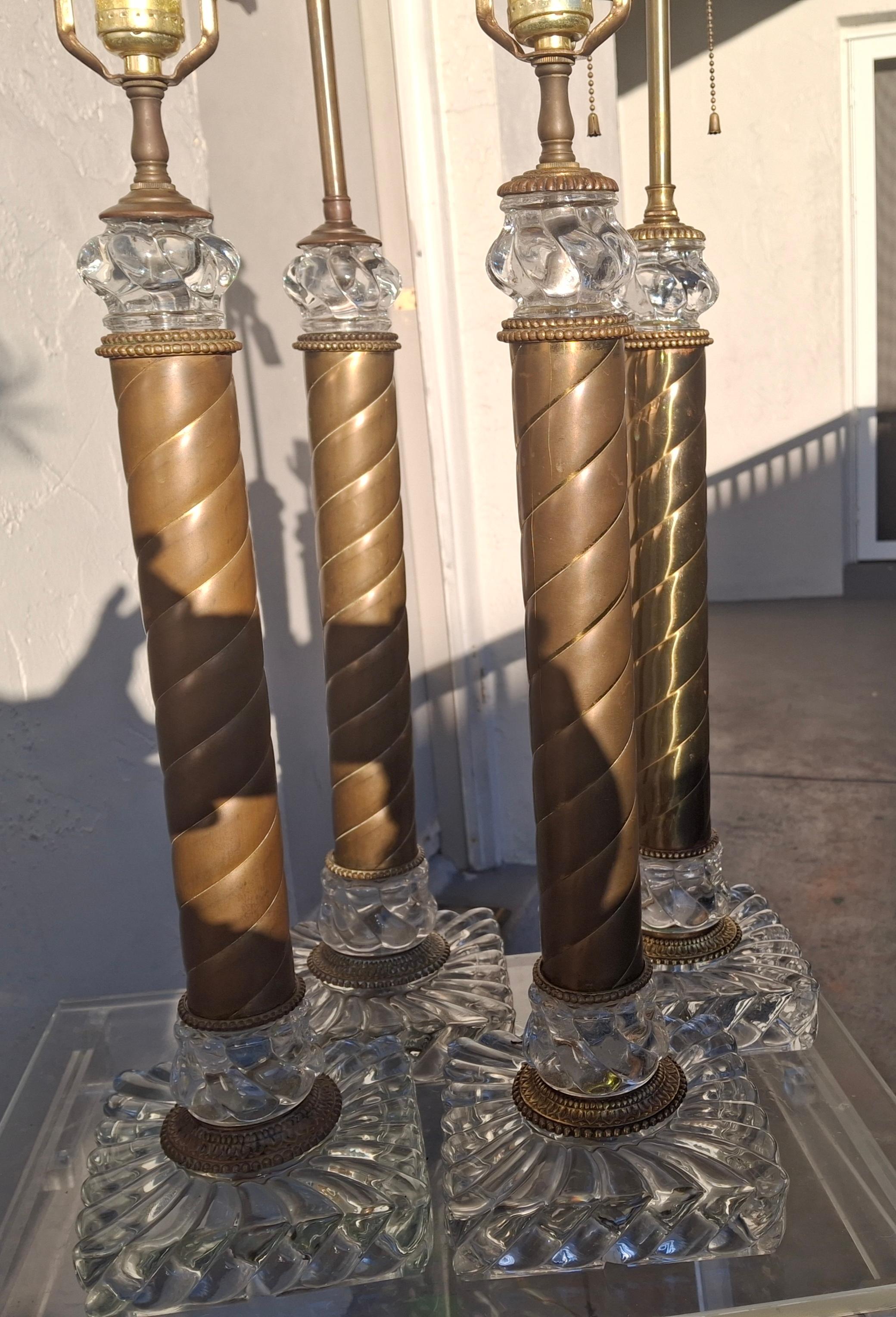 1920s Set of 4 French Regency Baccarat Columnar Crystal Brass Swirl Table Lamps in vendita 10