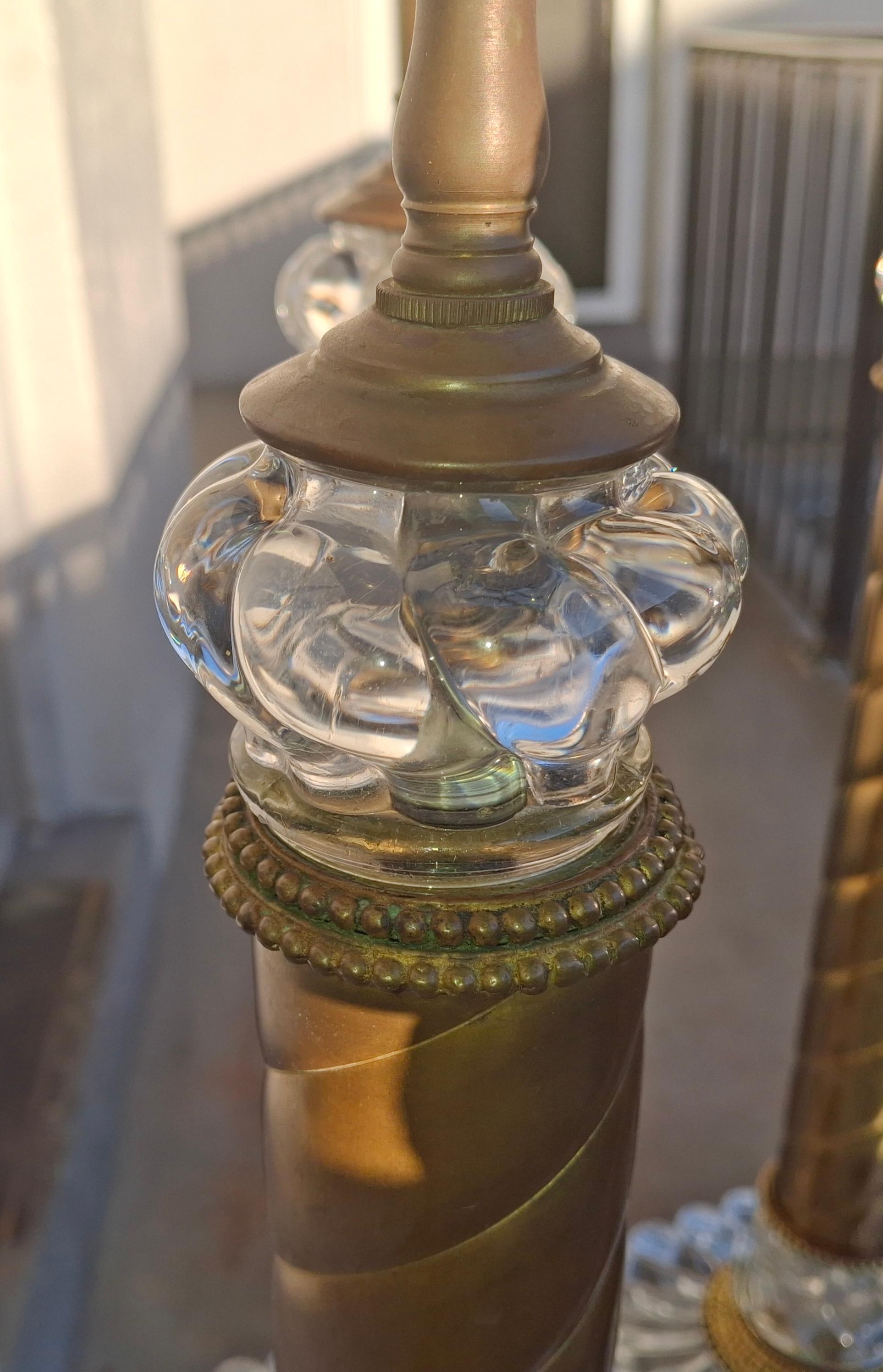 1920s Set of 4 French Regency Baccarat Columnar Crystal Brass Swirl Table Lamps in vendita 11