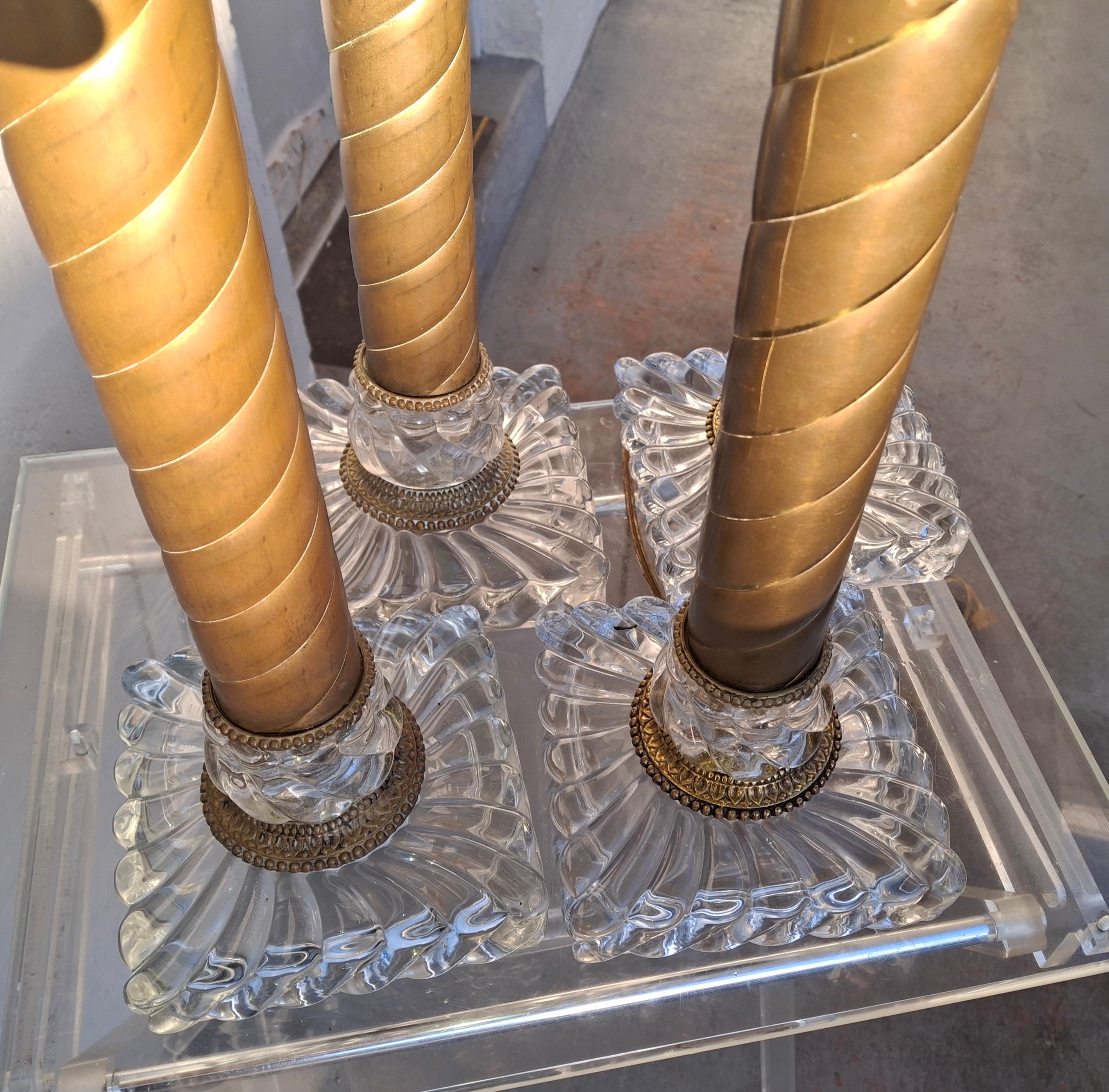 1920s Set of 4 French Regency Baccarat Columnar Crystal Brass Swirl Table Lamps in vendita 12