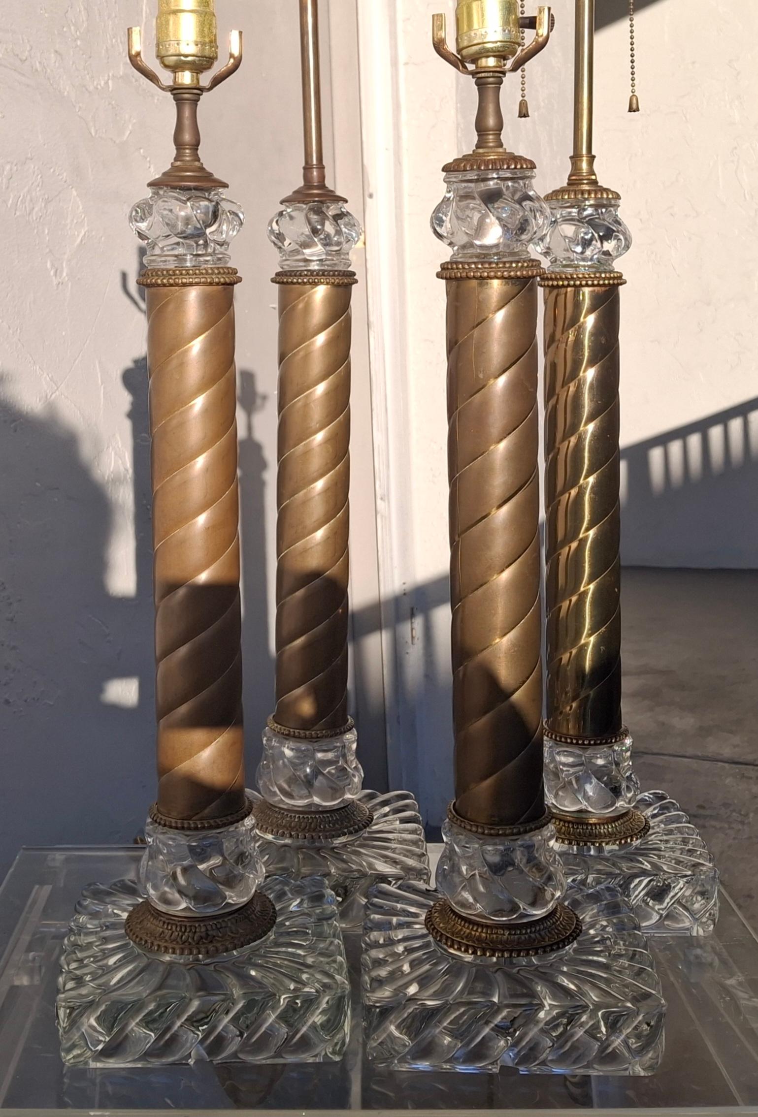 1920's Set of 4 Baccarat France Tall Columnar Crystal 
Brass Swirl Form Table Lamps. 2 single socket and 2 double socket. No chips or cracks. Estate find.