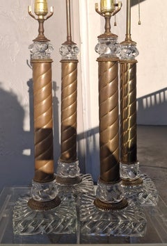 1920s Set of 4 French Regency Baccarat Columnar Crystal Brass Swirl Table Lamps