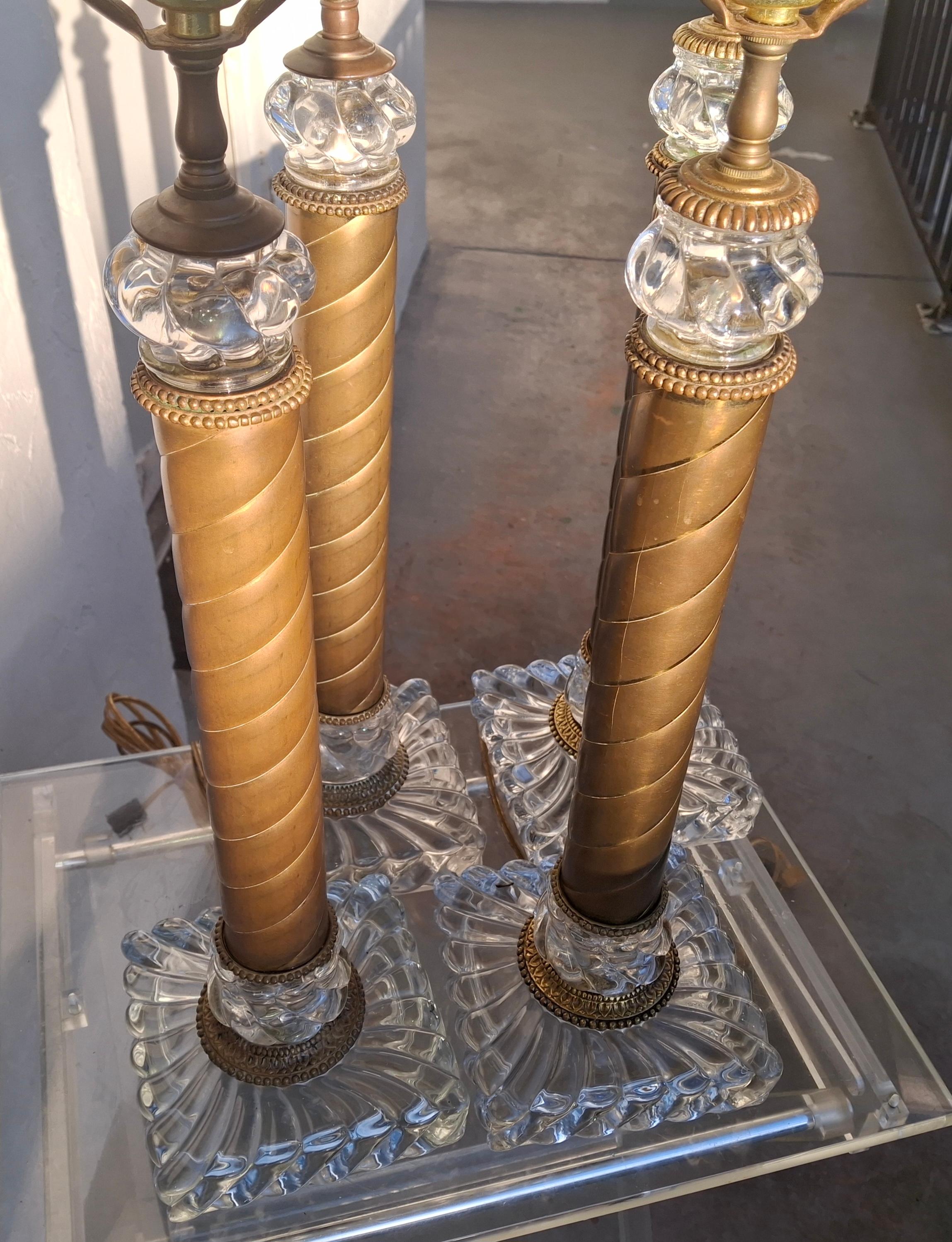1920s Set of 4 French Regency Baccarat Columnar Crystal Brass Swirl Table Lamps in vendita 14