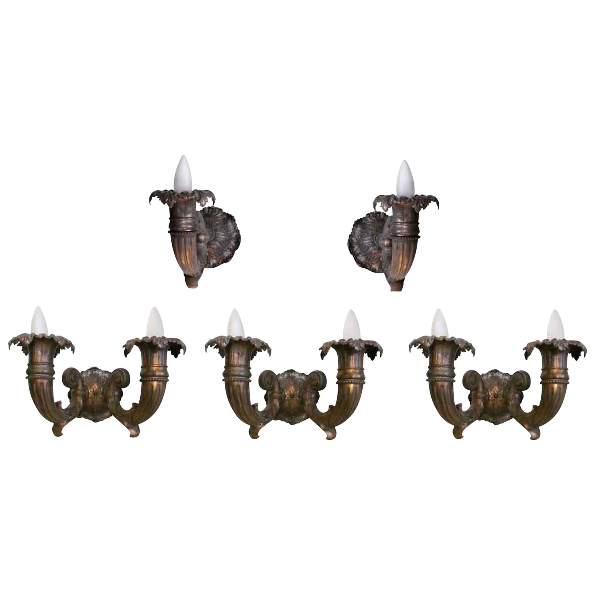 1920s Set of Seven Bronze Sconces, Both Double and Single Arms