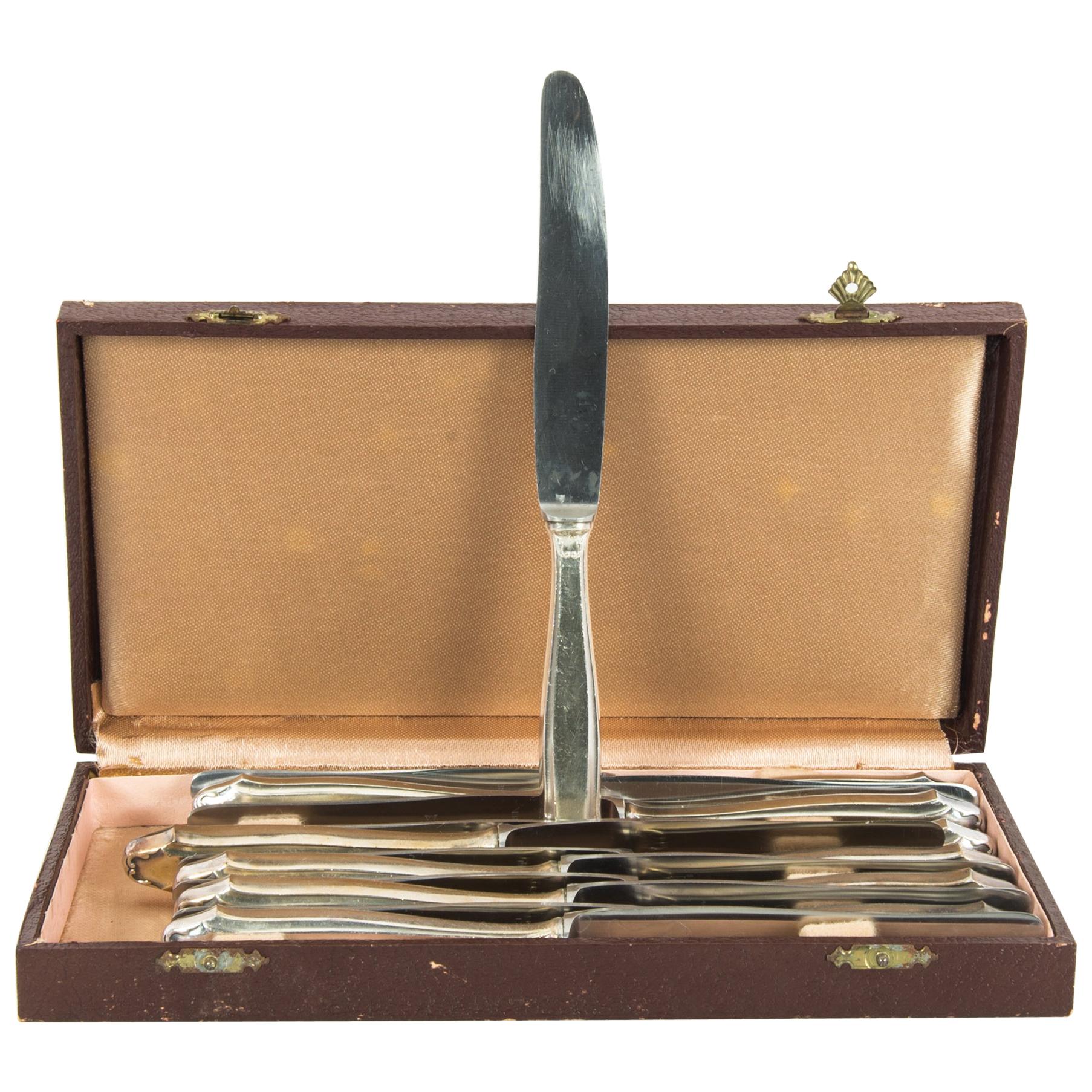 1920s Set of Silver-Plated Knives in Leather Box
