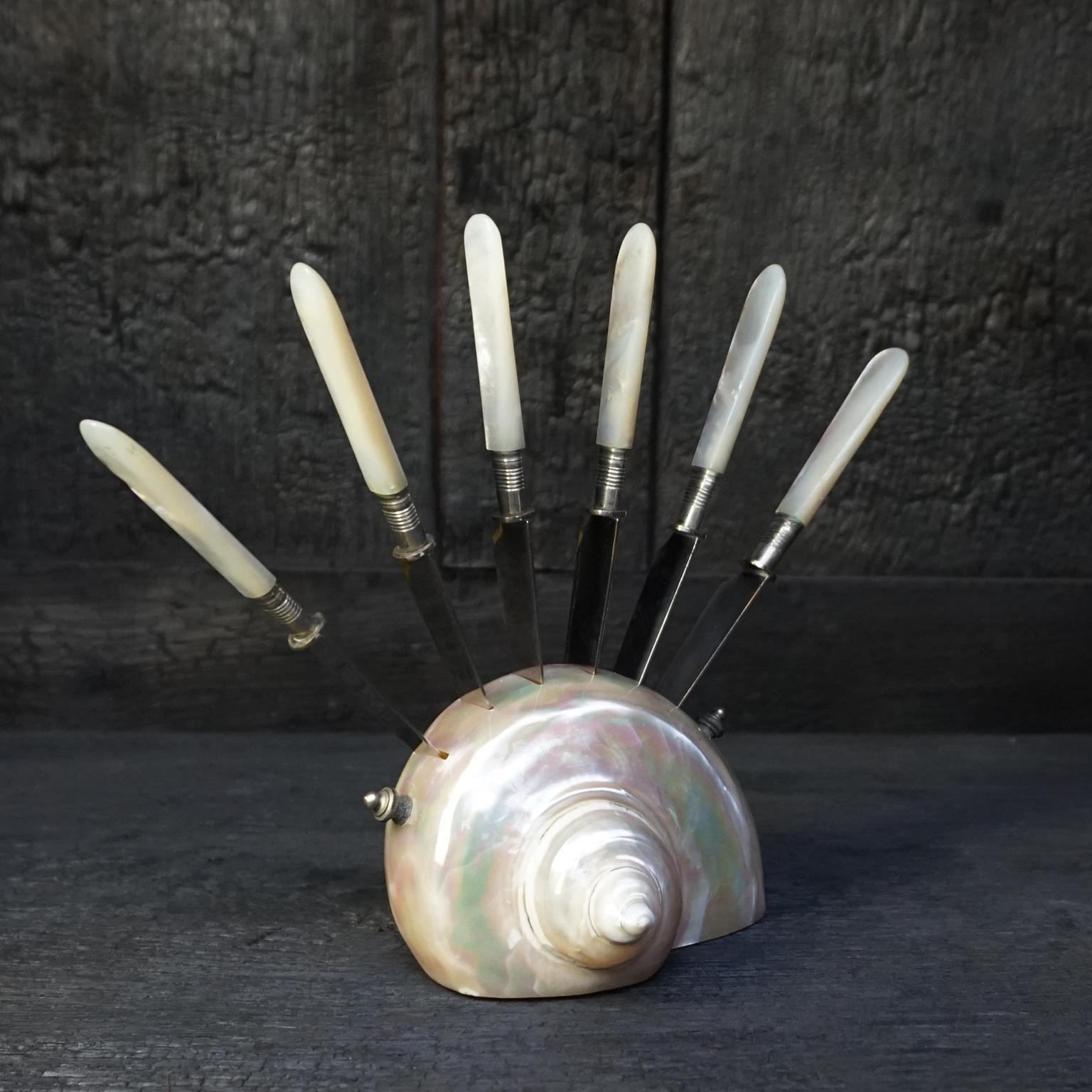 Beautiful large pearled polished turbo marmoratus shell holder with six fruit knives also with mother of pearl and silvered handles, they stay in place through an ingenious construction inside.

The metal of the knives shows some spots of very