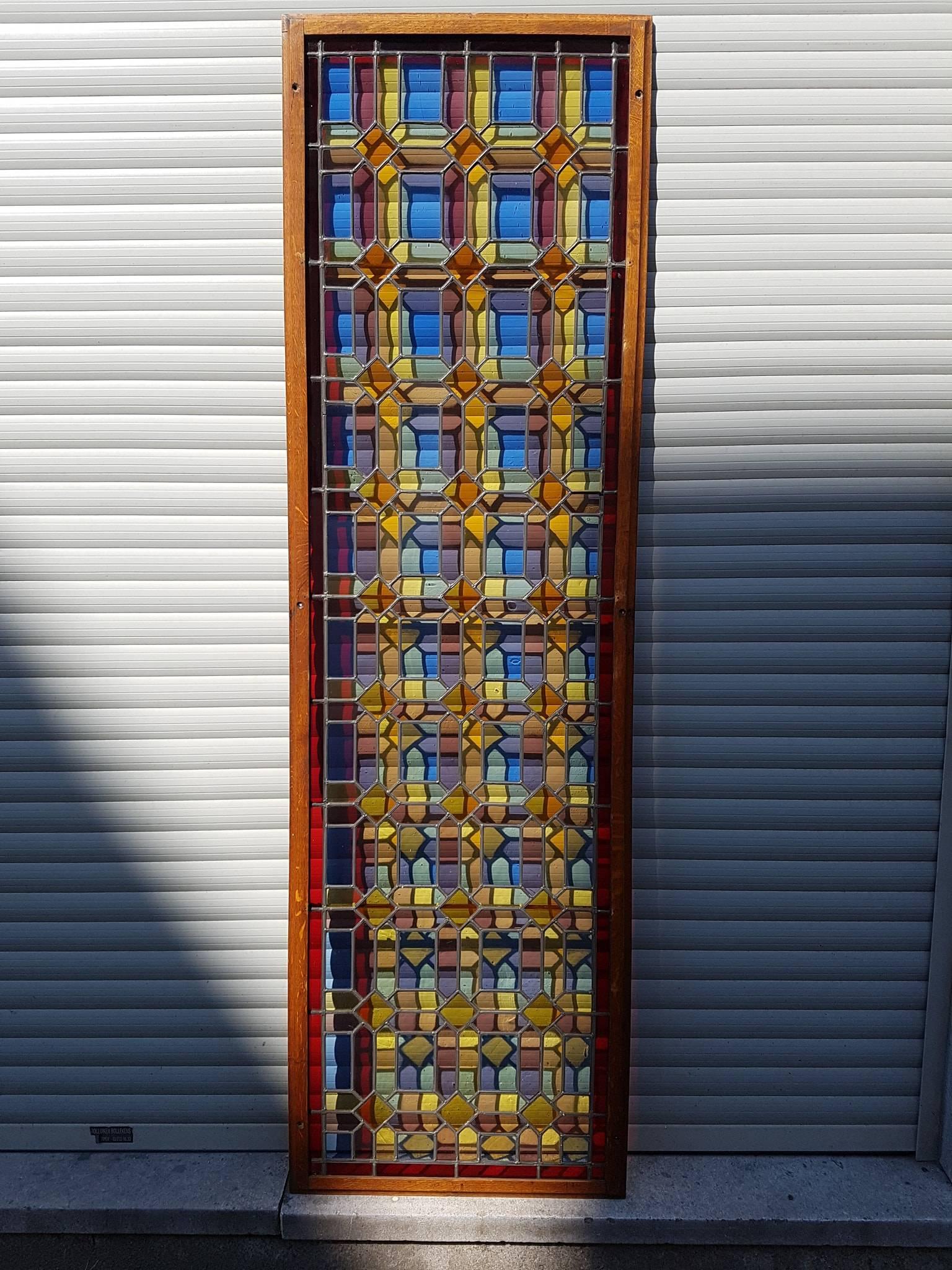 Art Deco One of Two Multicolored Stained Glass Windows Panels