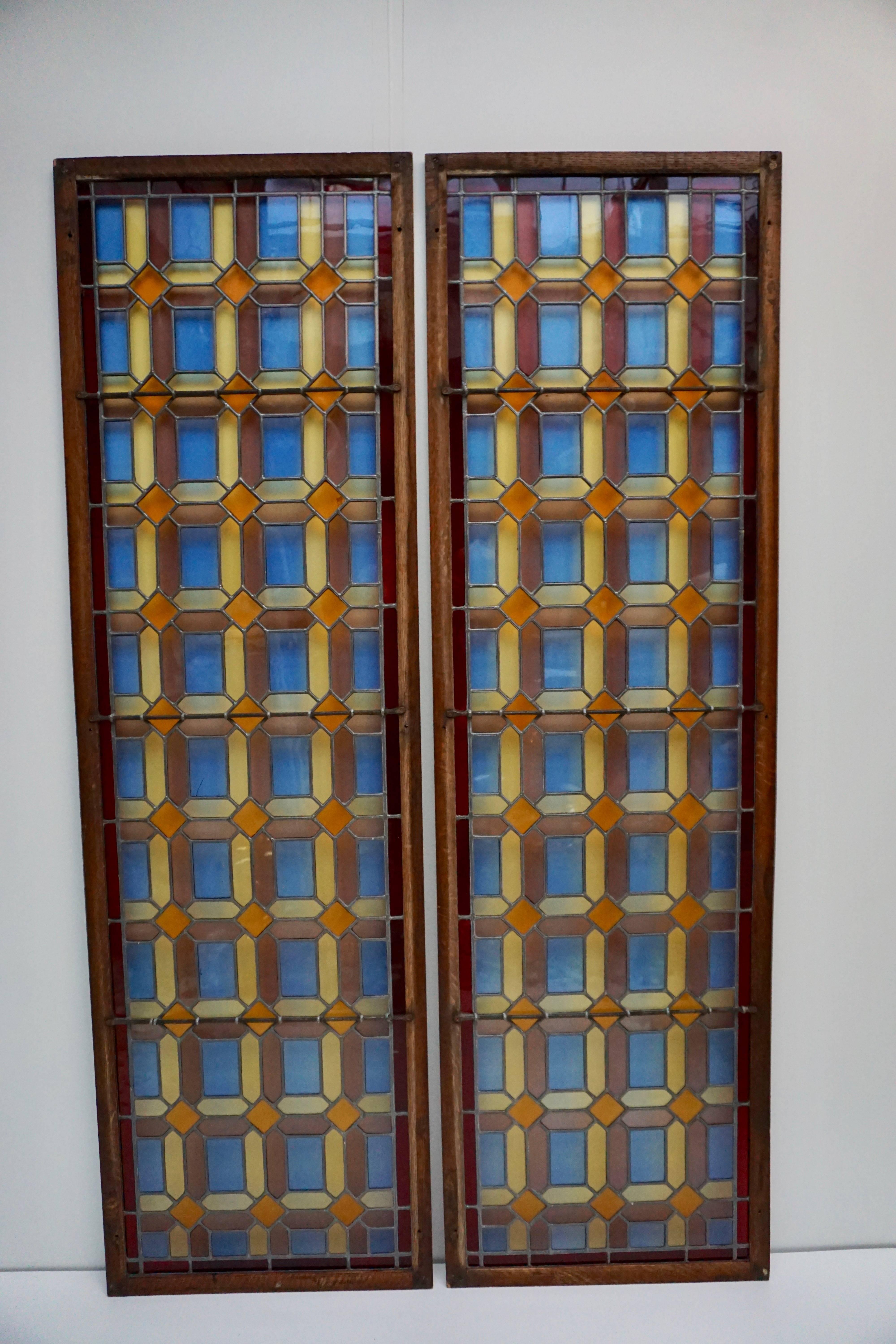 Belgian One of Two Multicolored Stained Glass Windows Panels