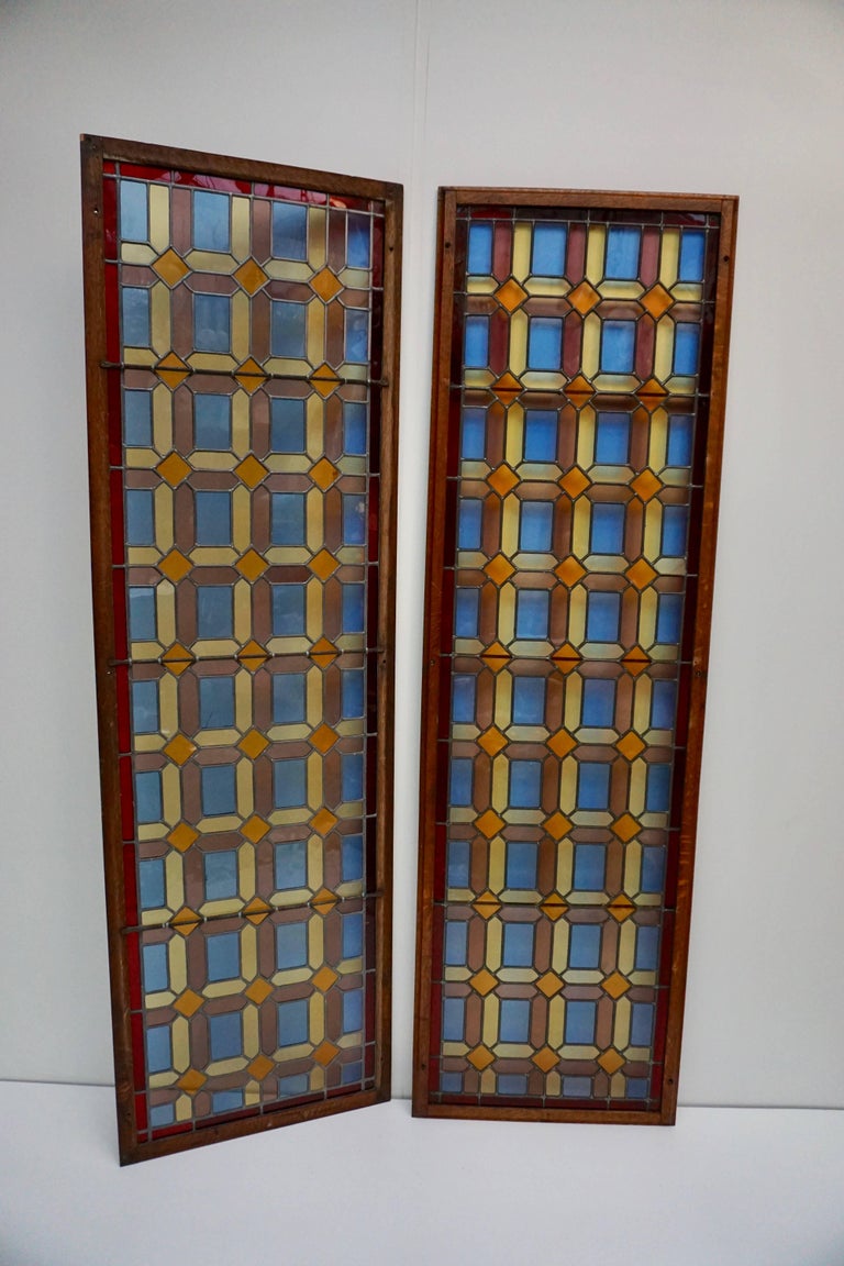 1920s Set of Two Multicolored Stained Glass Windows Panels For Sale at 1stdibs