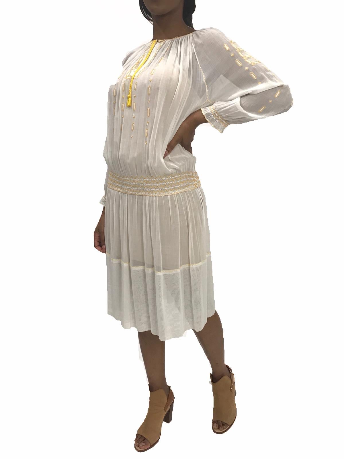 Beige 1920S Sheer Cotton Boho Folk Dress With Yellow Hand Embroidery & Smocking For Sale