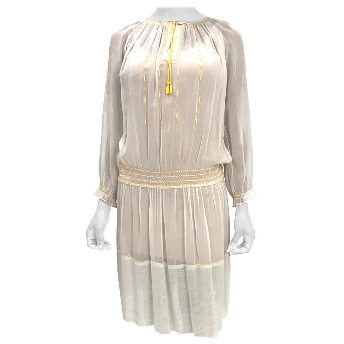 1920S Sheer Cotton Boho Folk Dress With Yellow Hand Embroidery & Smocking For Sale
