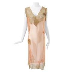 1920s Sheer Peach Pink Silk with Gold Chantilly Lace Night Dress Silk Rosettes