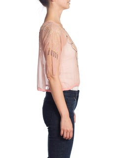1920S  Baby Pink Beaded Silk Chiffon Sheer Cold Shoulder Top