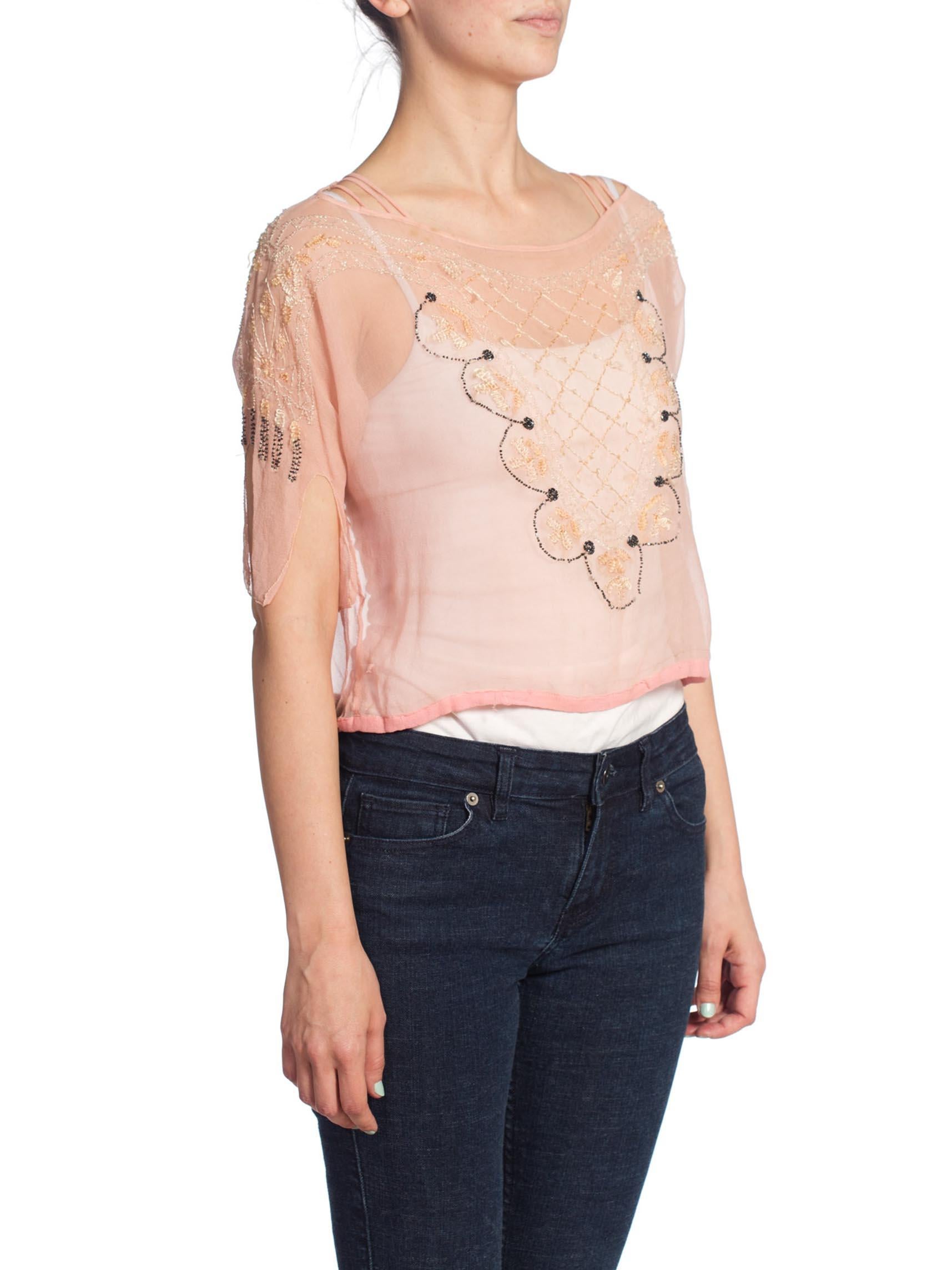 1920S  Baby Pink Beaded Silk Chiffon Sheer Cold Shoulder Top In Excellent Condition For Sale In New York, NY