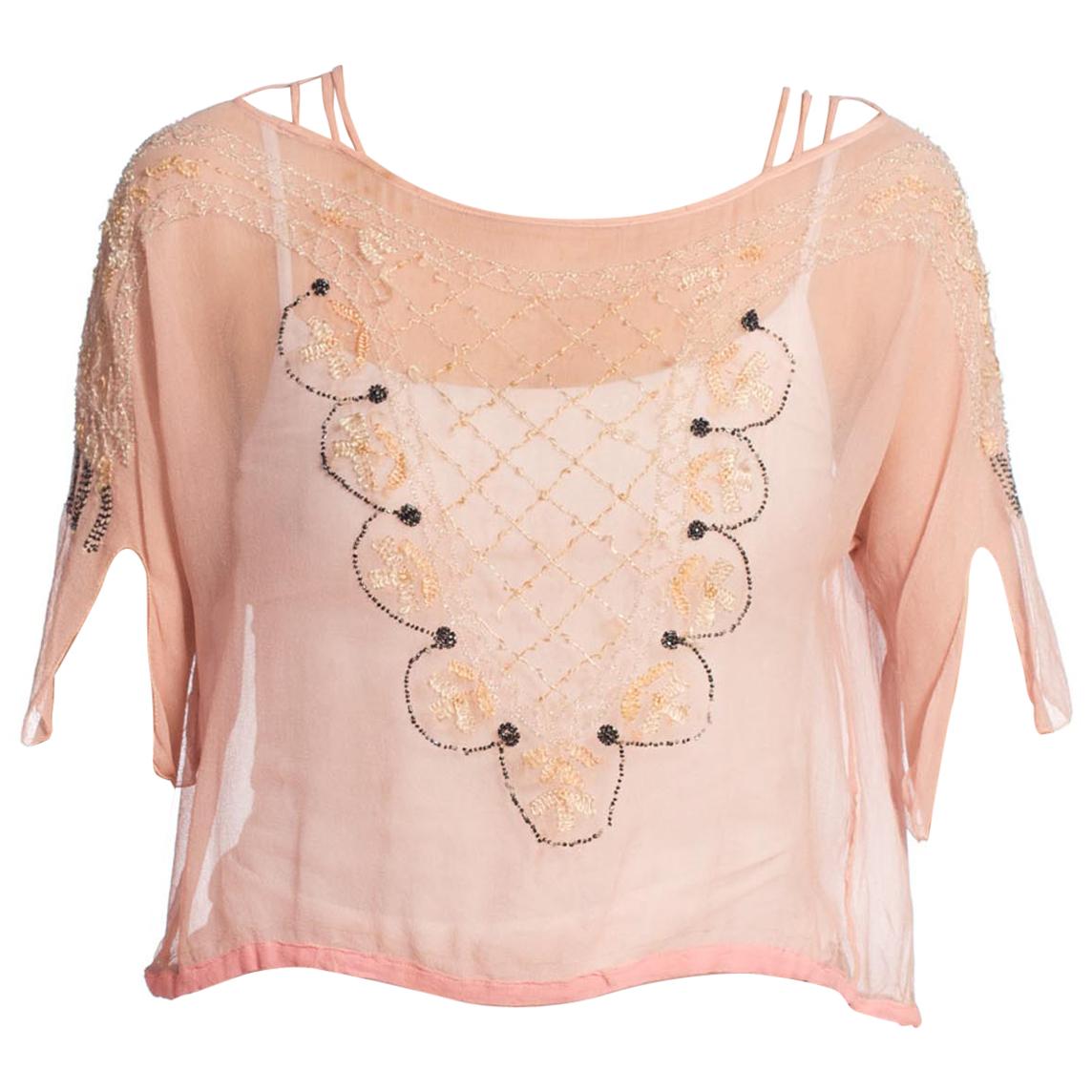 1920S  Baby Pink Beaded Silk Chiffon Sheer Cold Shoulder Top For Sale