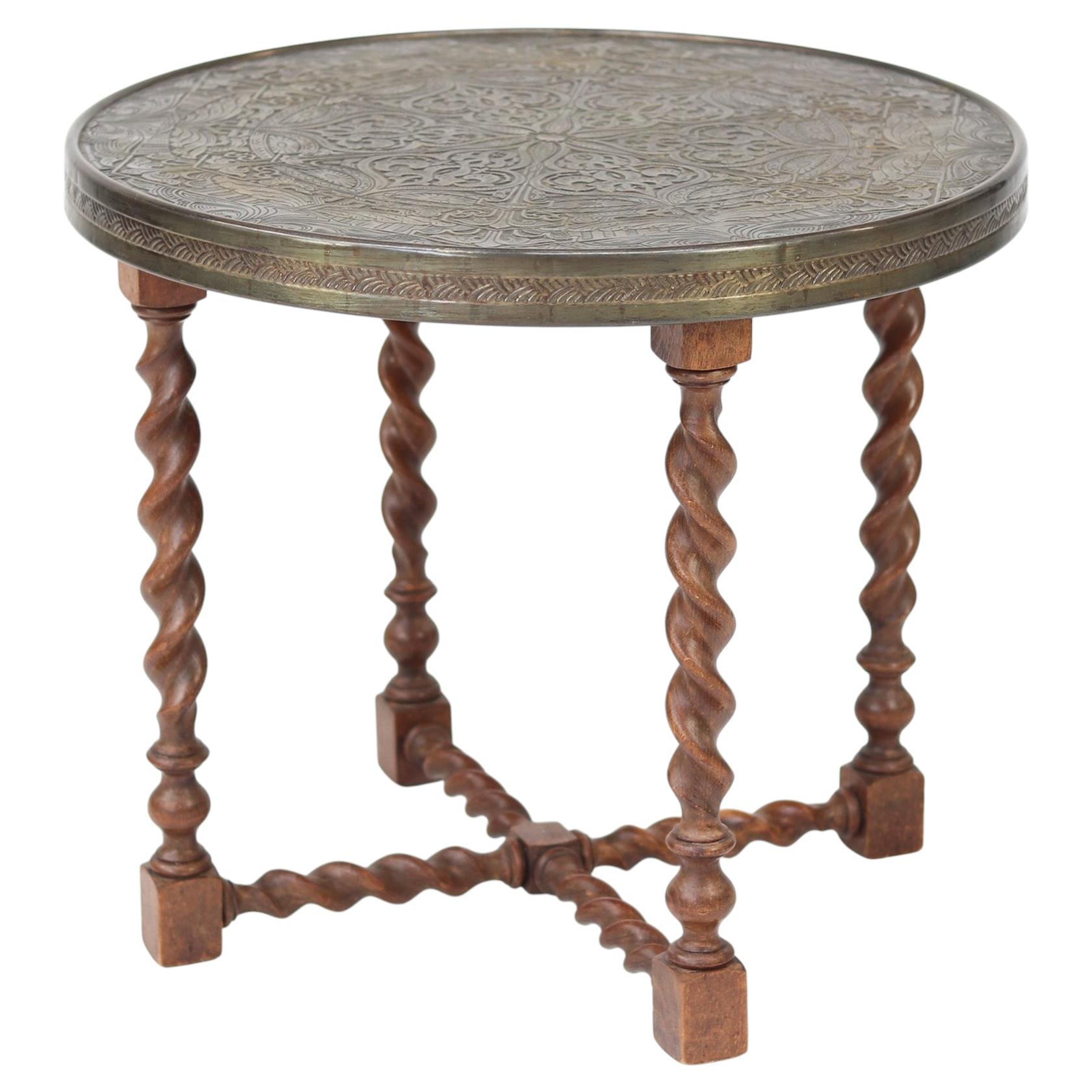 1920's Side-Table with Oak Frame and Brass top
