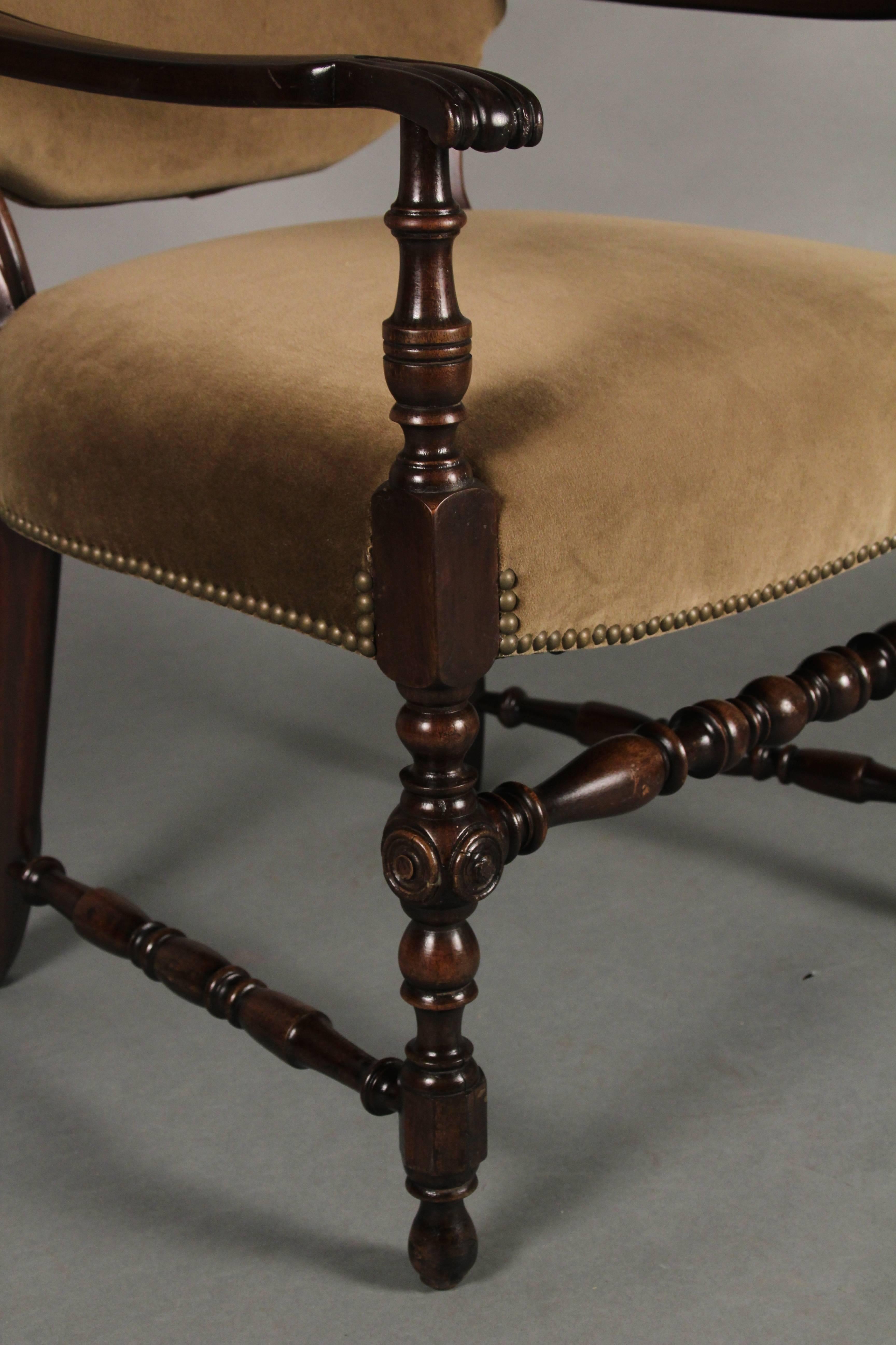 Spanish Colonial 1920s Side Chair with Carved Walnut Arms