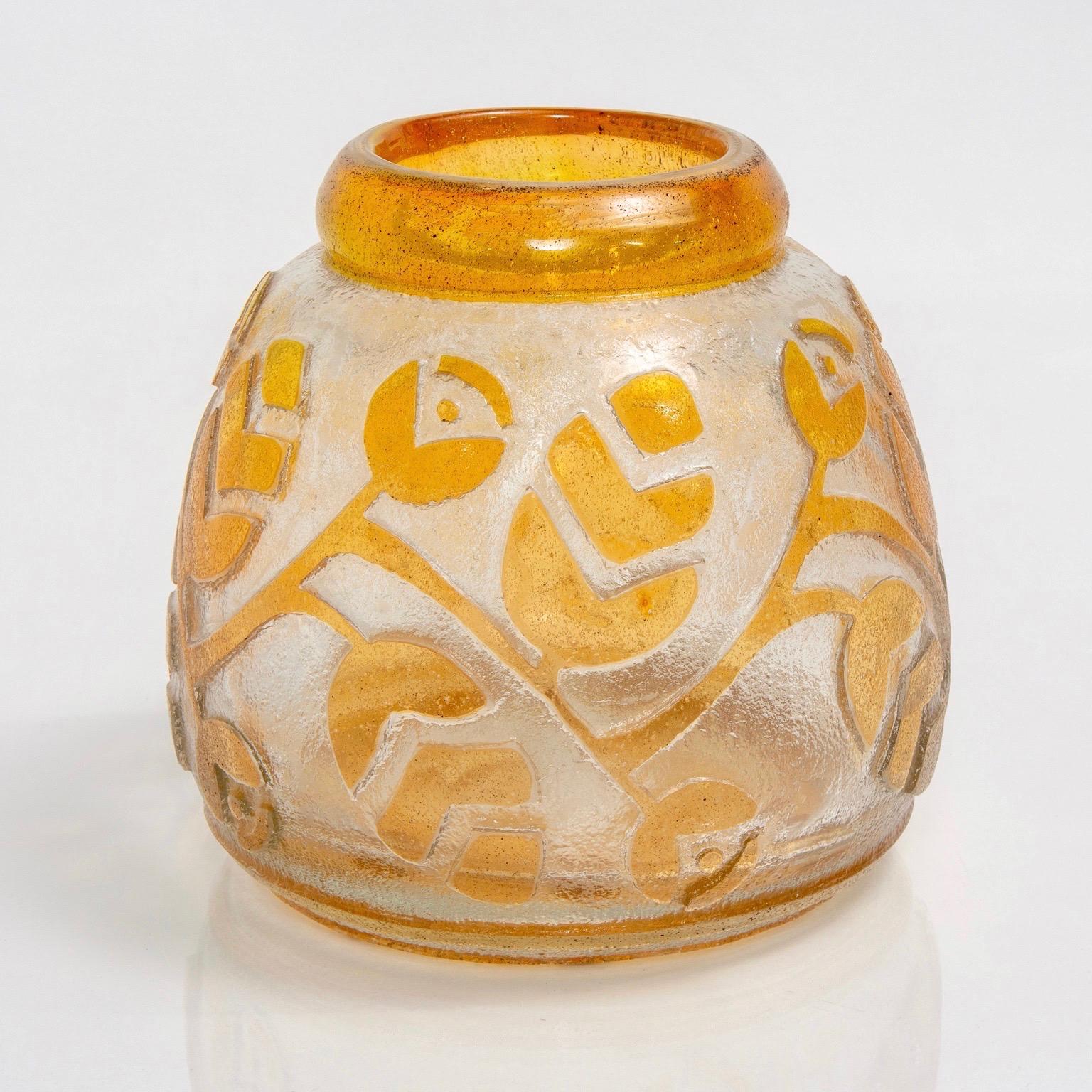 French 1920s Signed Daum Vase with Etched Orange Overlay