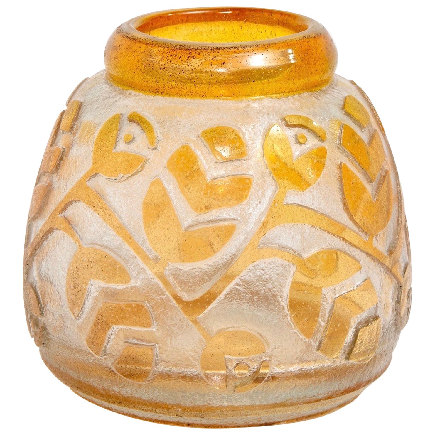 1920s Signed Daum Vase with Etched Orange Overlay