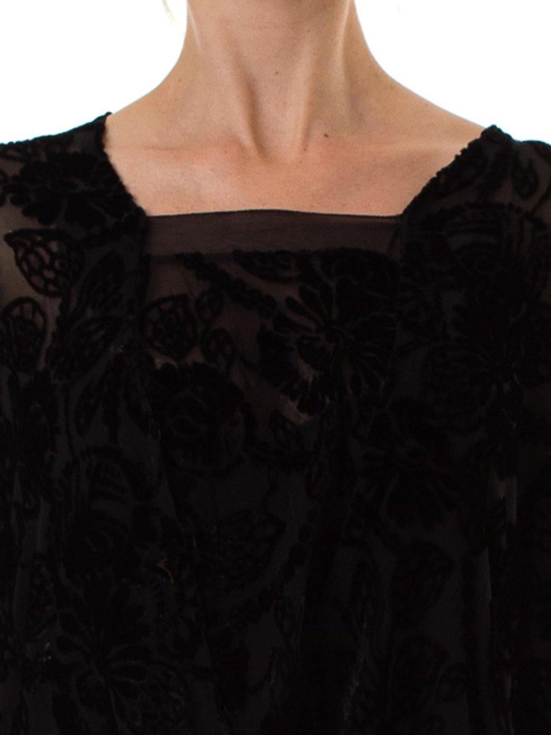 1920S Black Floral Silk Burnout Velvet Long Sleeve Sheer Dress In Excellent Condition In New York, NY