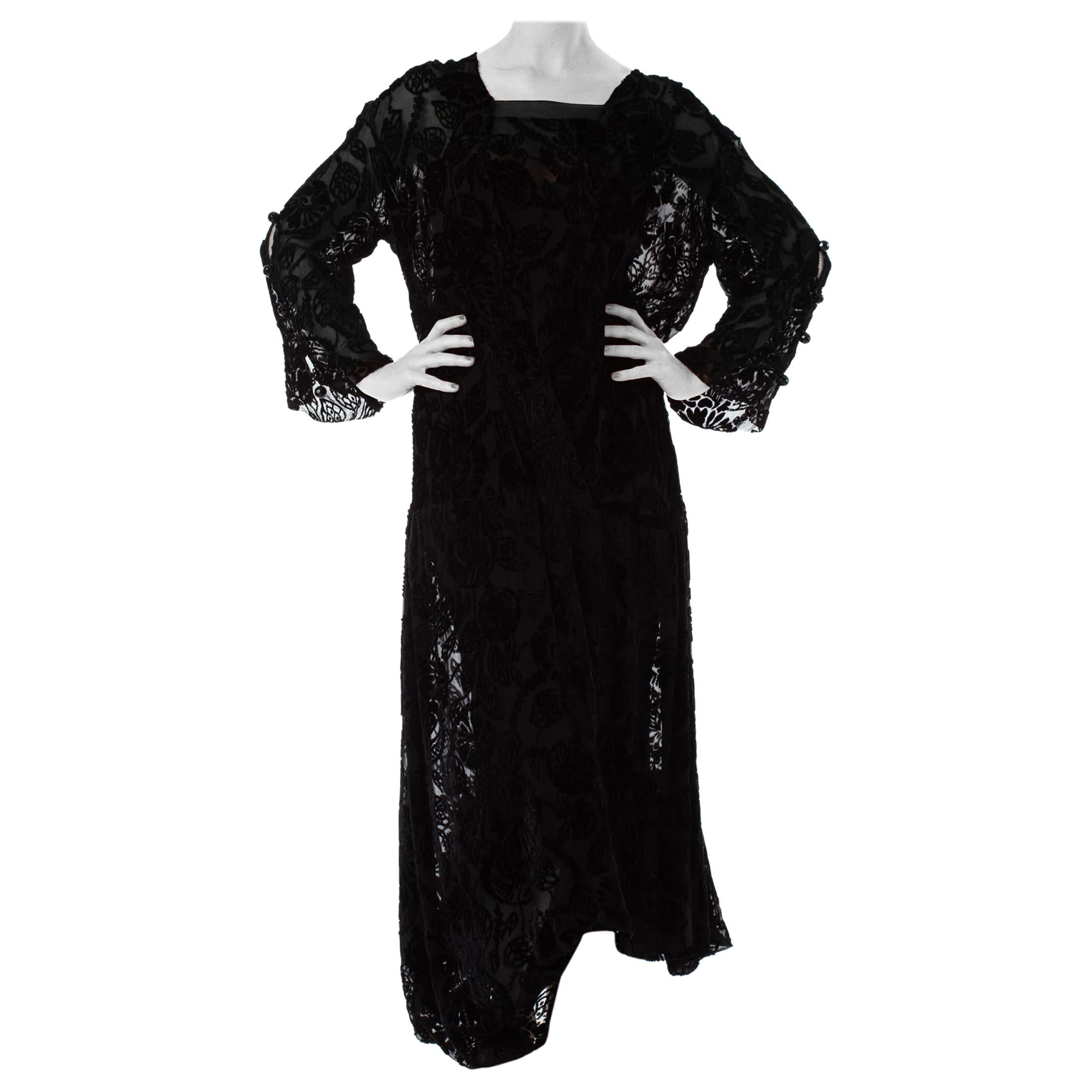 1920S Black Floral Silk Burnout Velvet Long Sleeve Sheer Dress