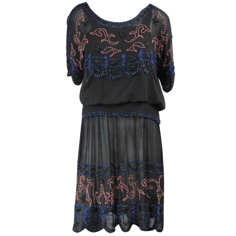 Silk  Flapper Black Beaded Drop Waist Dress 1920s For Sale