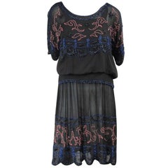  1920s Silk Black Multi Colored Beaded Drop Waisted Dress