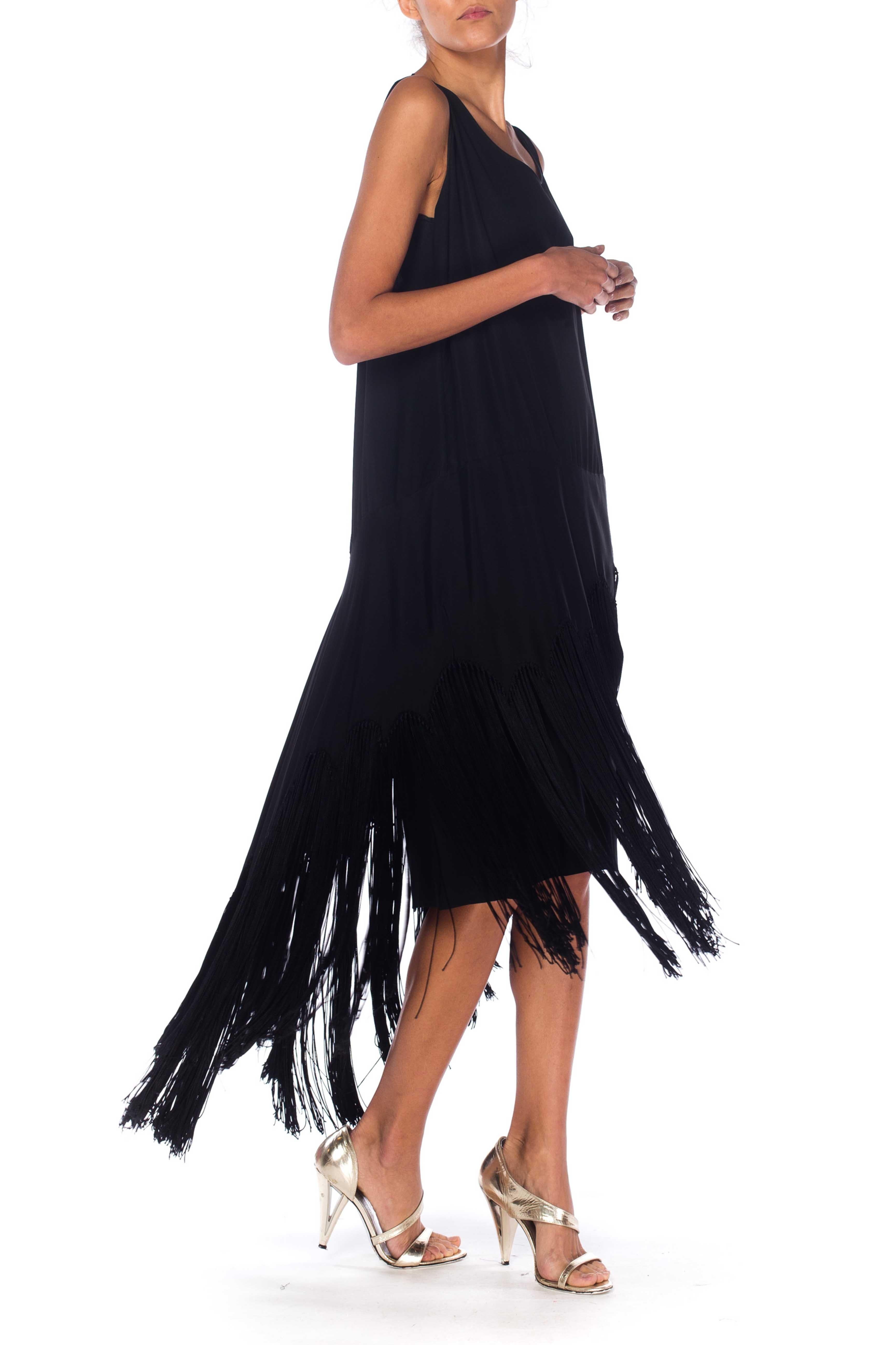 Women's 1920S Black Silk Cocktail Dress With Hand Knotted Fringe Skirt For Sale
