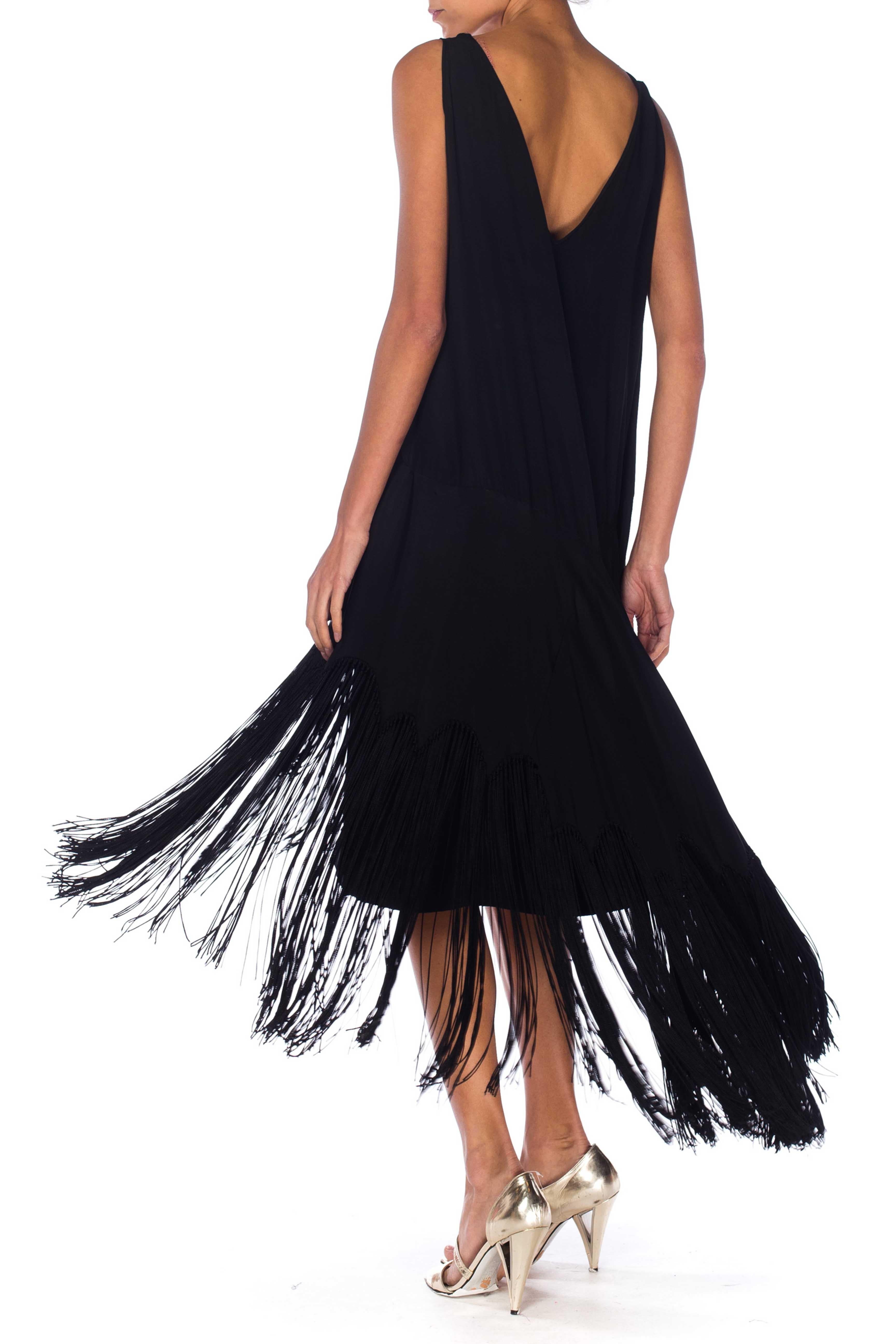 1920S Black Silk Cocktail Dress With Hand Knotted Fringe Skirt For Sale 1