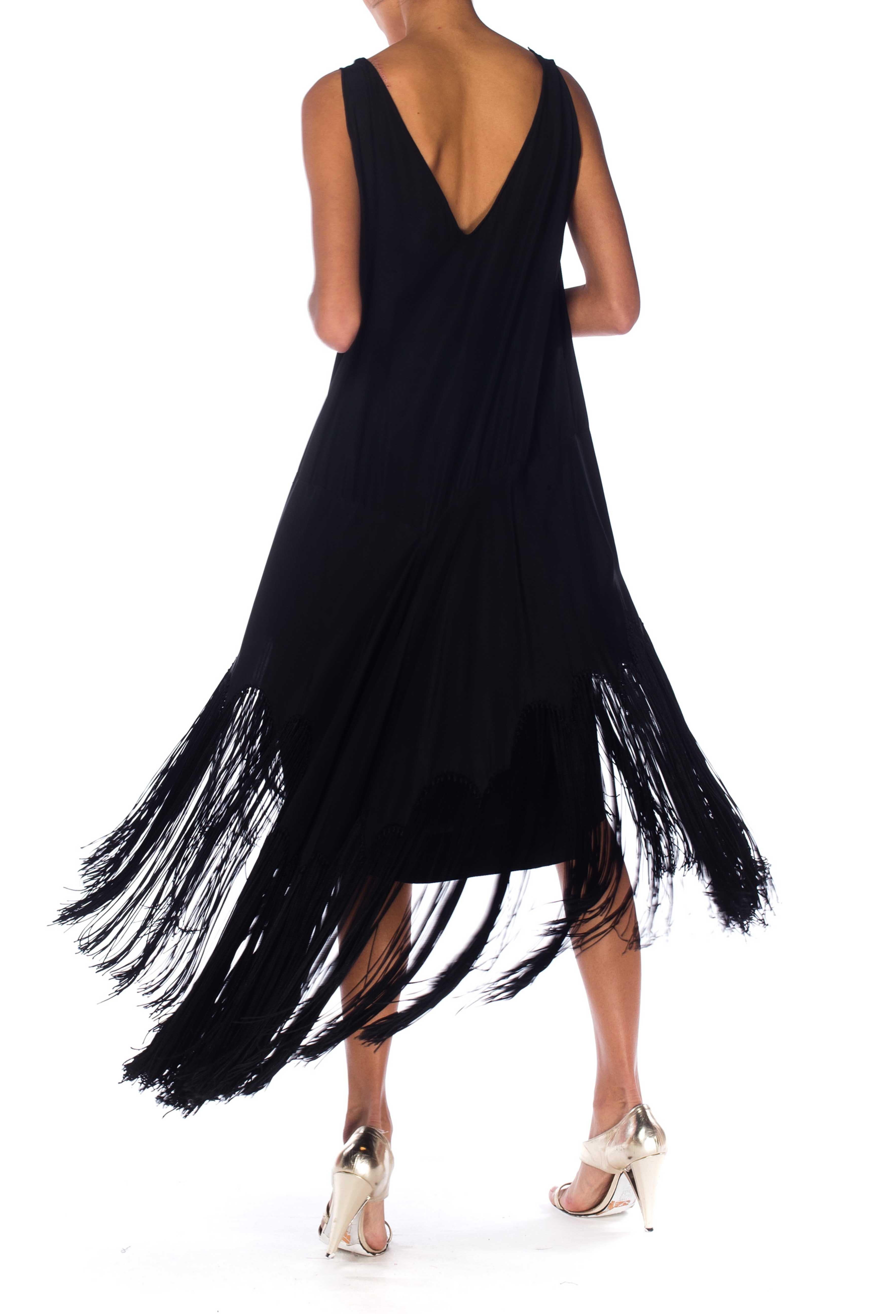 1920S Black Silk Cocktail Dress With Hand Knotted Fringe Skirt For Sale 2