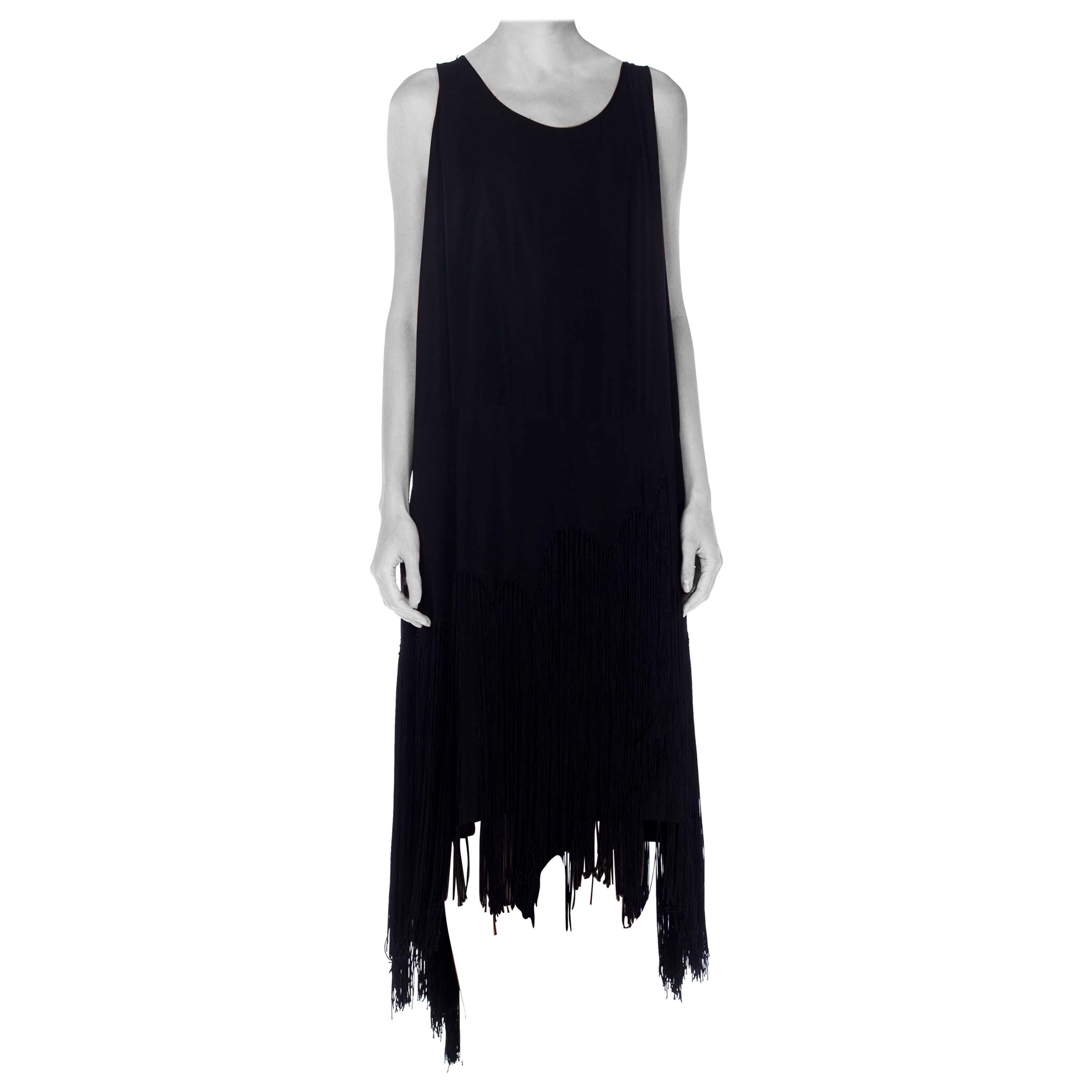 1920S Black Silk Cocktail Dress With Hand Knotted Fringe Skirt For Sale