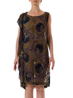 1920S Blue & Gold Silk Burnout Velvet  Ruffled Shift Cocktail Dress With Floral