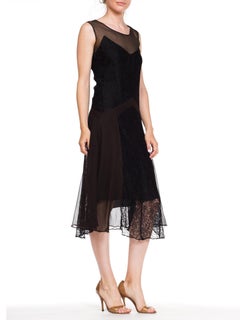 1920S Black Silk Chiffon & Lace Art Deco Flapper  Cocktail Dress