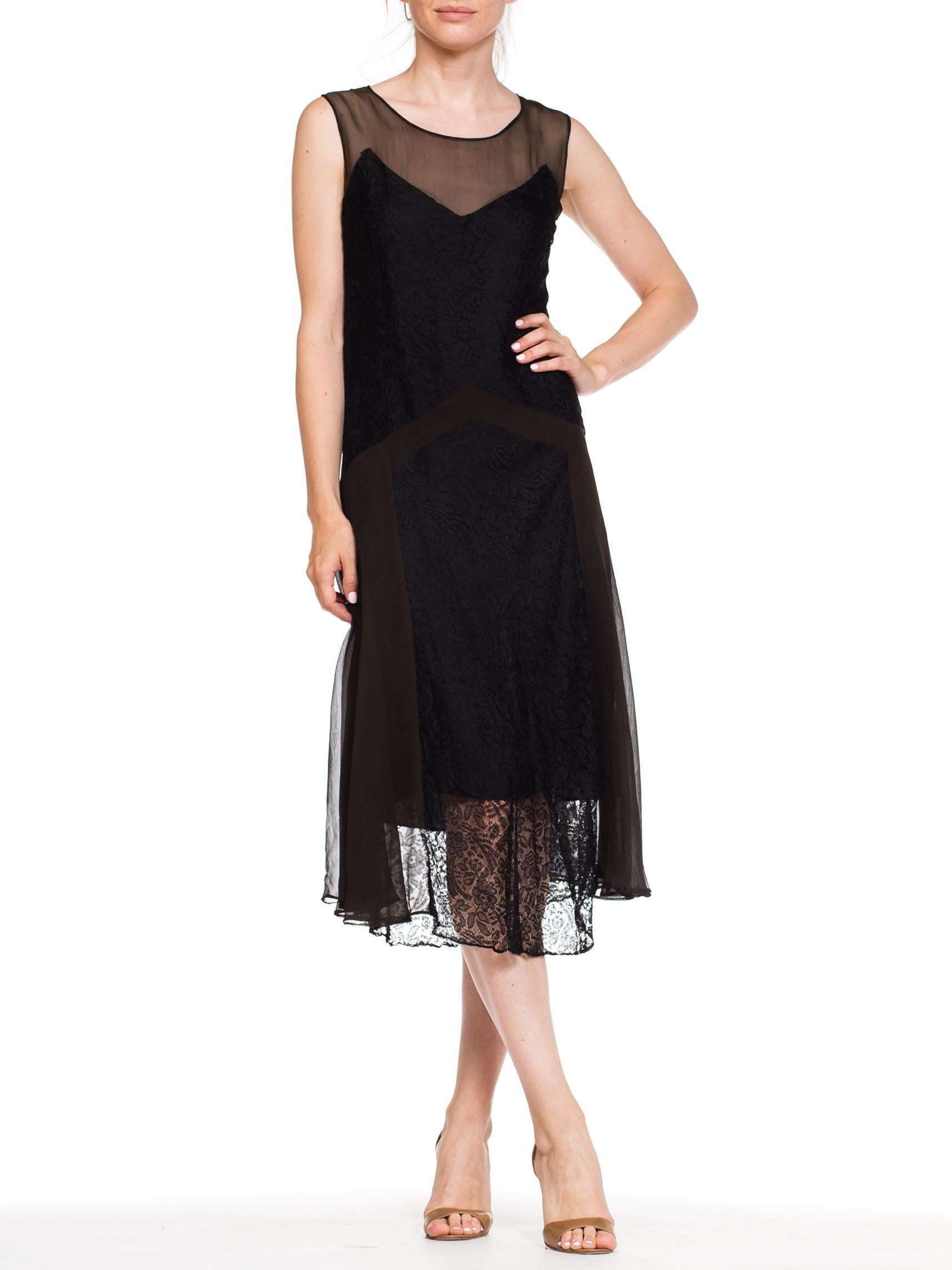1920S Black Silk Chiffon & Lace Art Deco Flapper  Cocktail Dress In Excellent Condition For Sale In New York, NY