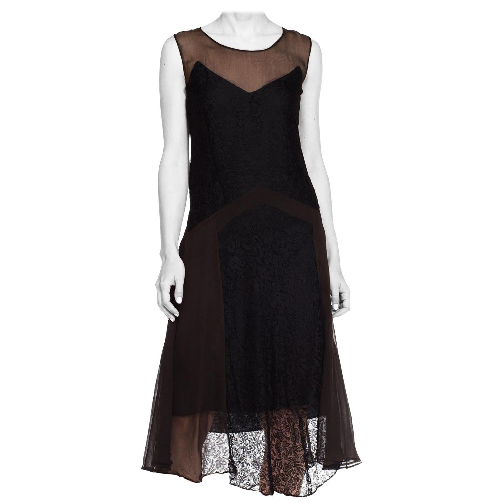 1920S Black Silk Chiffon & Lace Art Deco Flapper  Cocktail Dress For Sale