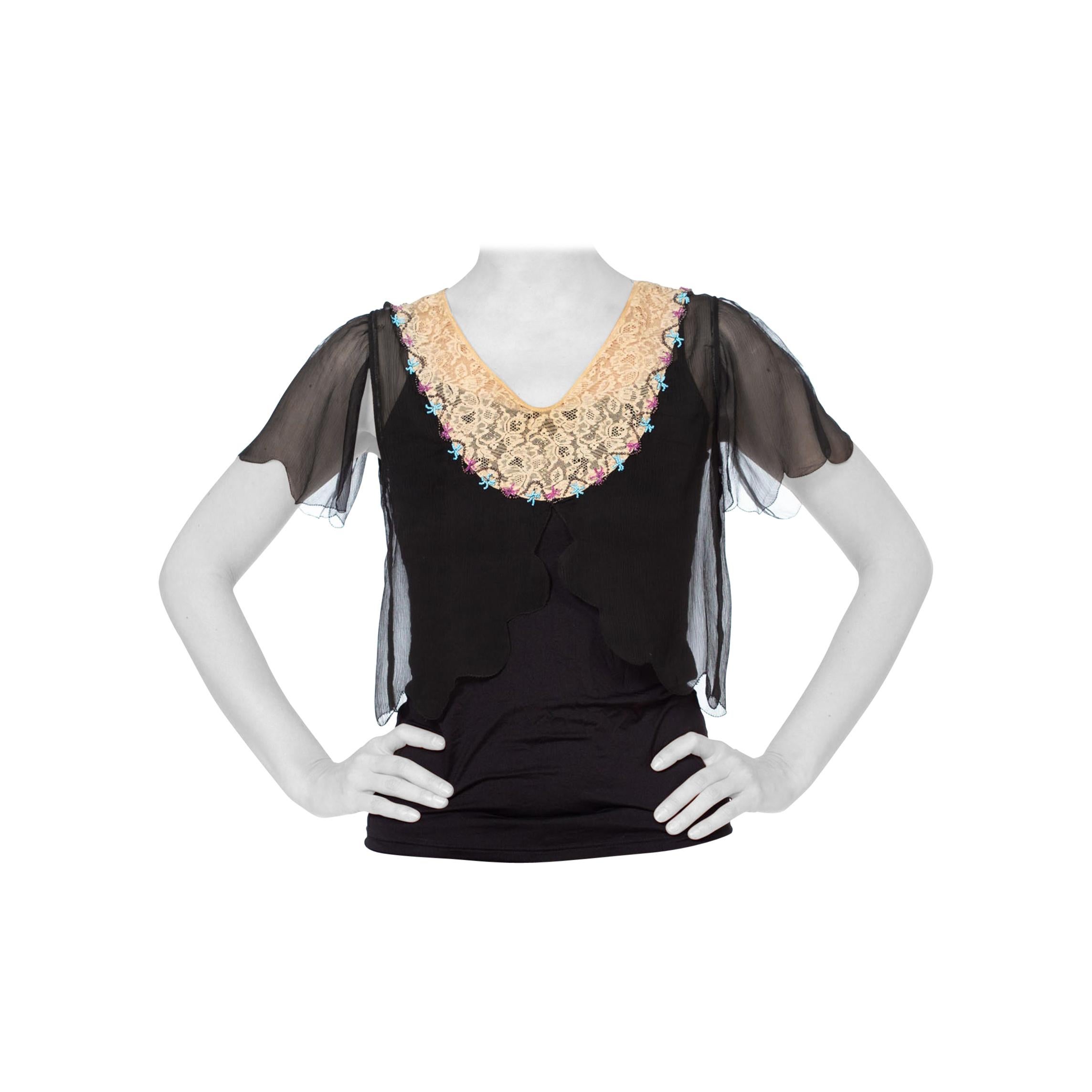 1920S Black & Cream Silk Chiffon Lace Beaded Top XS For Sale