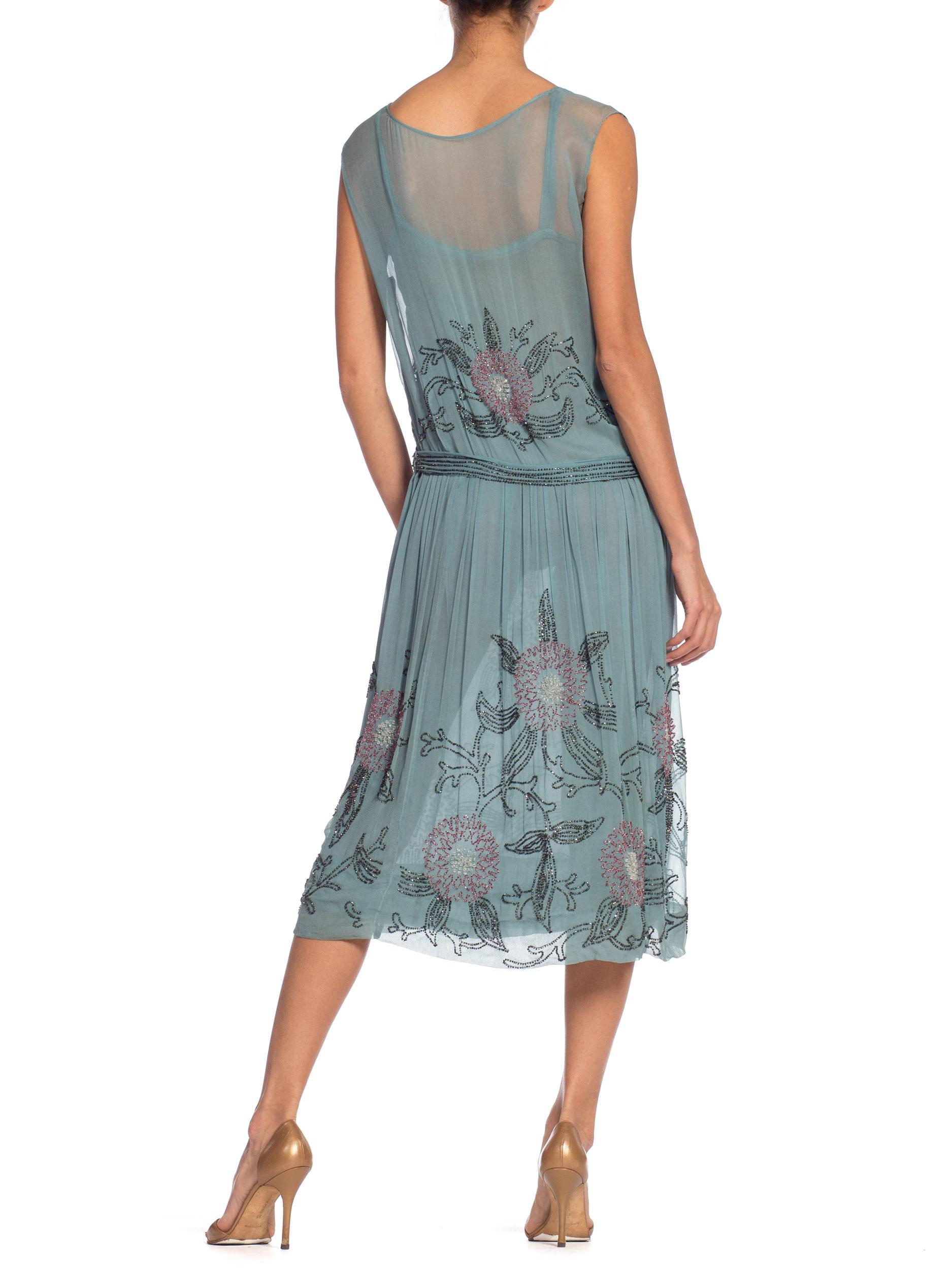1920S  Mint Blue Silk Chiffon Beaded Flapper Cocktail Dress With Pink & Grey Fl 5